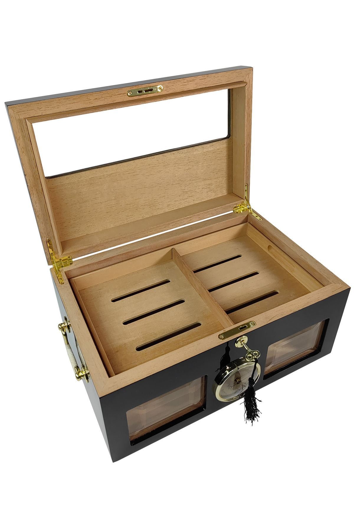 İtalyan Sediri Defol u Siyah 2 Katlı Camlı Özel Humidor Puro Kutusu rd19sy-d2