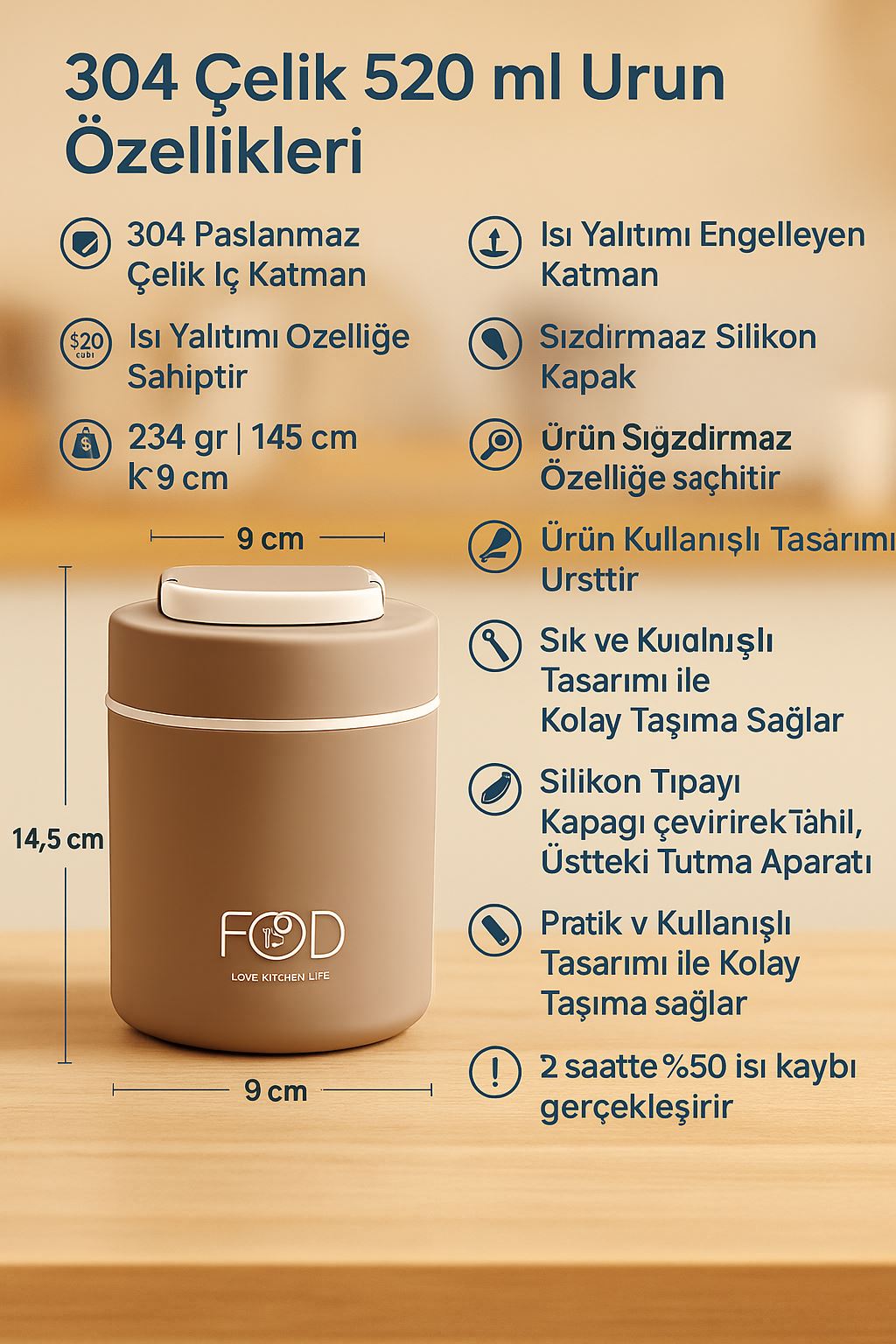 304 Çelik Kahverengi 520 ml Yemek Mama Saklama Kabı (SICAK TUTMAZ) cin418khv