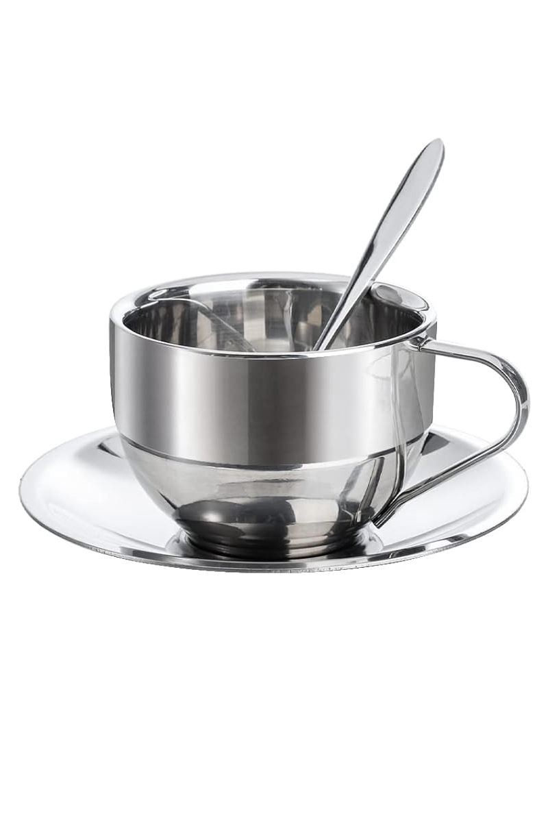 Çelik 3 Parça 180 ml Çift Cidarlı Espresso Kahve Fincan Seti Sunum Bardağı mt120