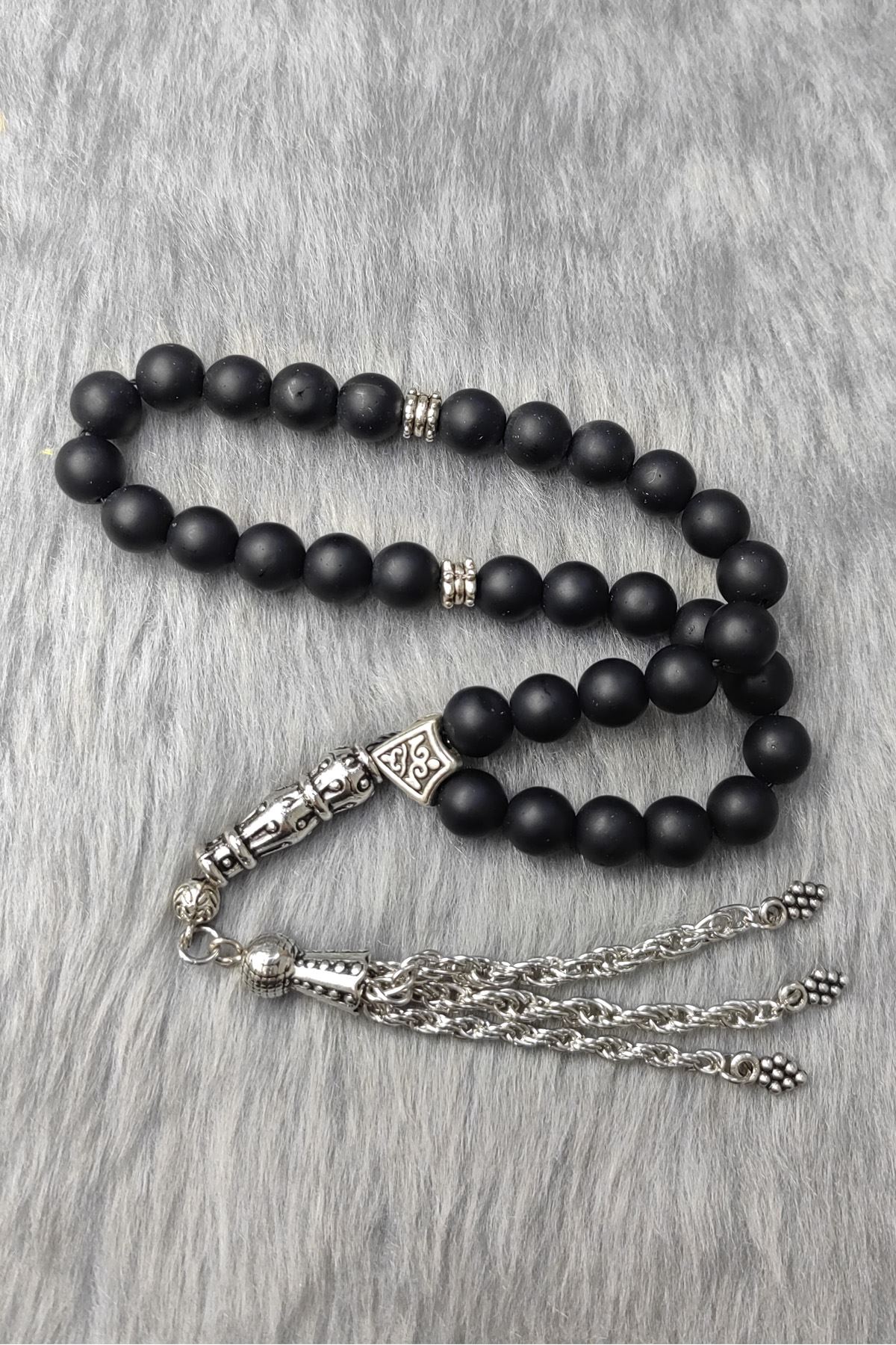 Chavin Mat Oniks Taşlı Gümüş Kaplama Tespih ev77