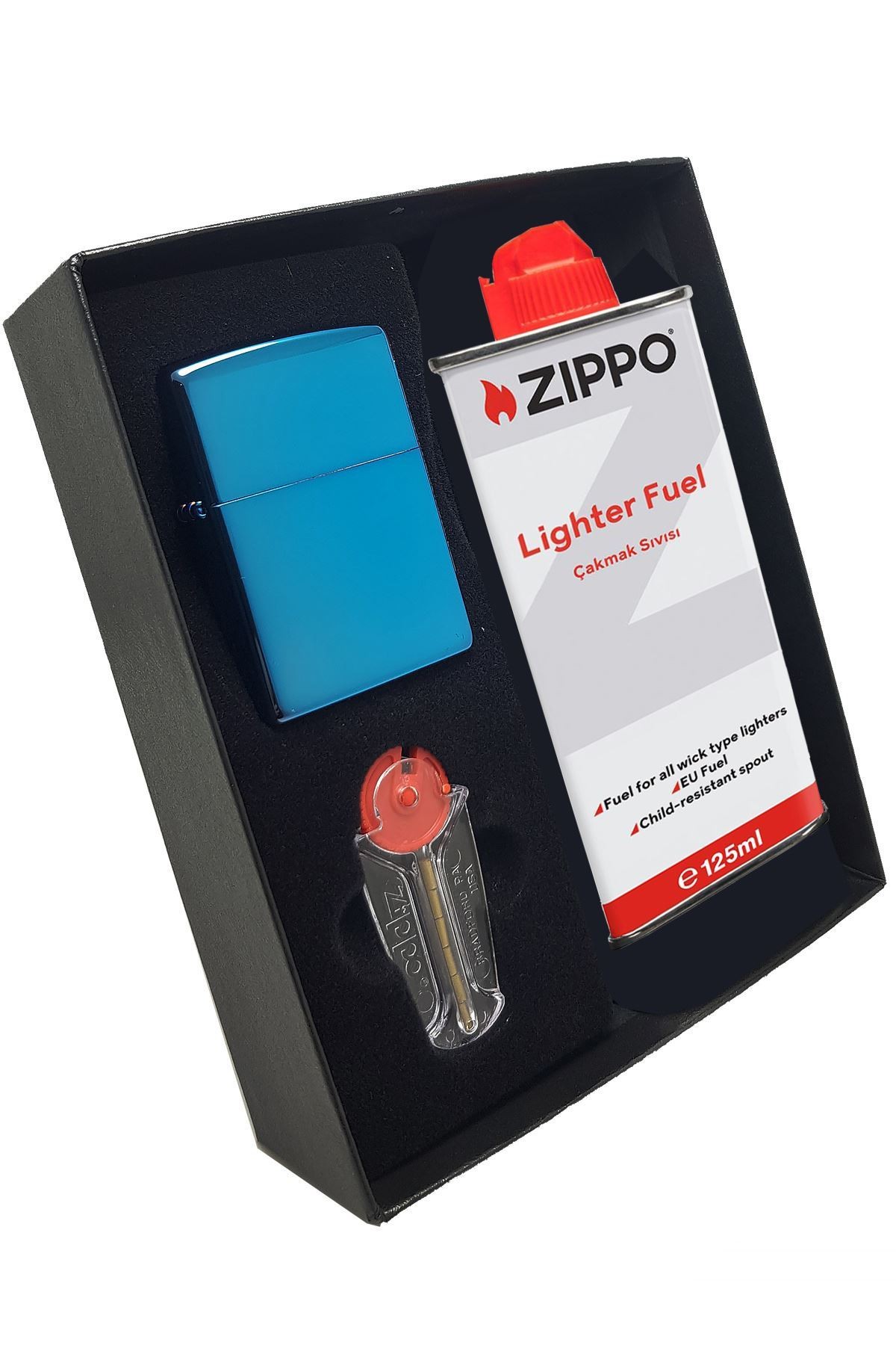 Zippo Çakmak Parlak Sapphire Benzin Taş Hediyelik Set du10-20446
