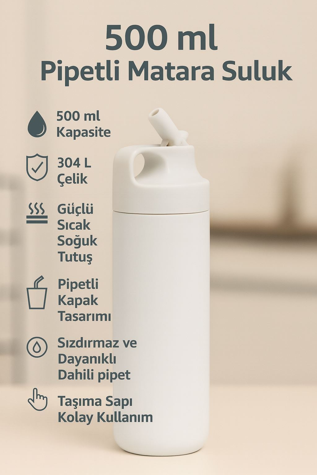 304 L Çelik Krem 500 ml Pipetli Matara Suluk cin414by