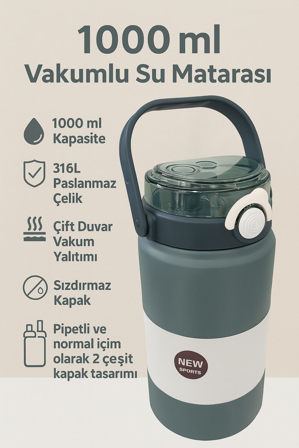 316 L Çelik 1 L Vakumlu Soğuk Pipetli Matara Suluk cin413mv
