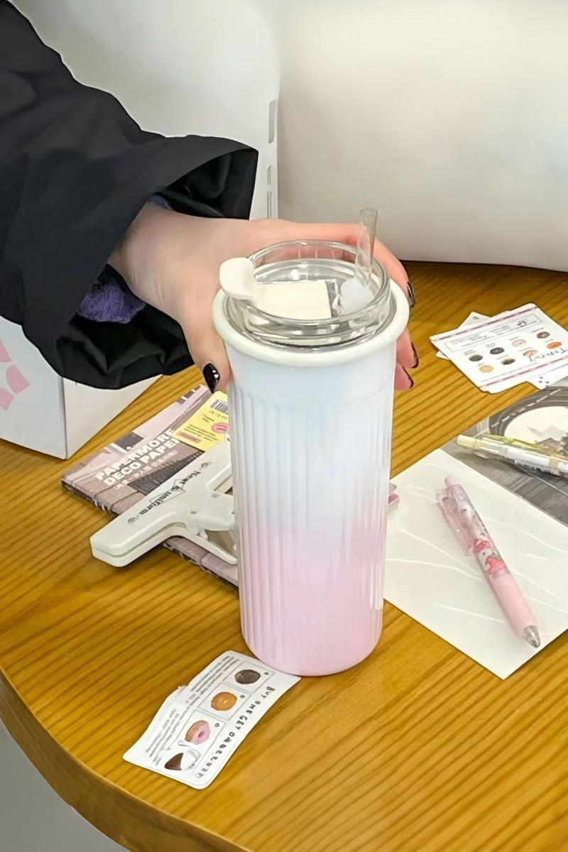 304 L Çelik 500 ml. Pembe Beyaz Degrade Pipetli El Termos Mug cin913pm