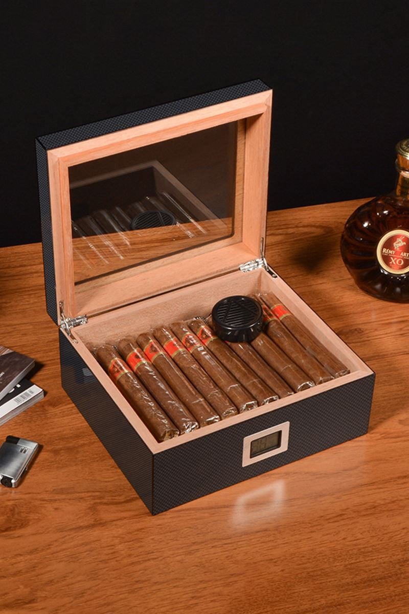 Cigarol Karbon Fiber Camlı Dijital Humidor Puro Kutusu rd06