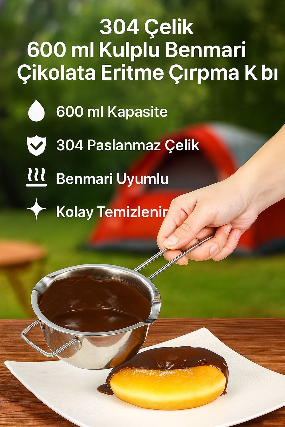 304 Çelik 600 ml Kulplu Benmari Çikolata Eritme Çırpma Kabı cin868