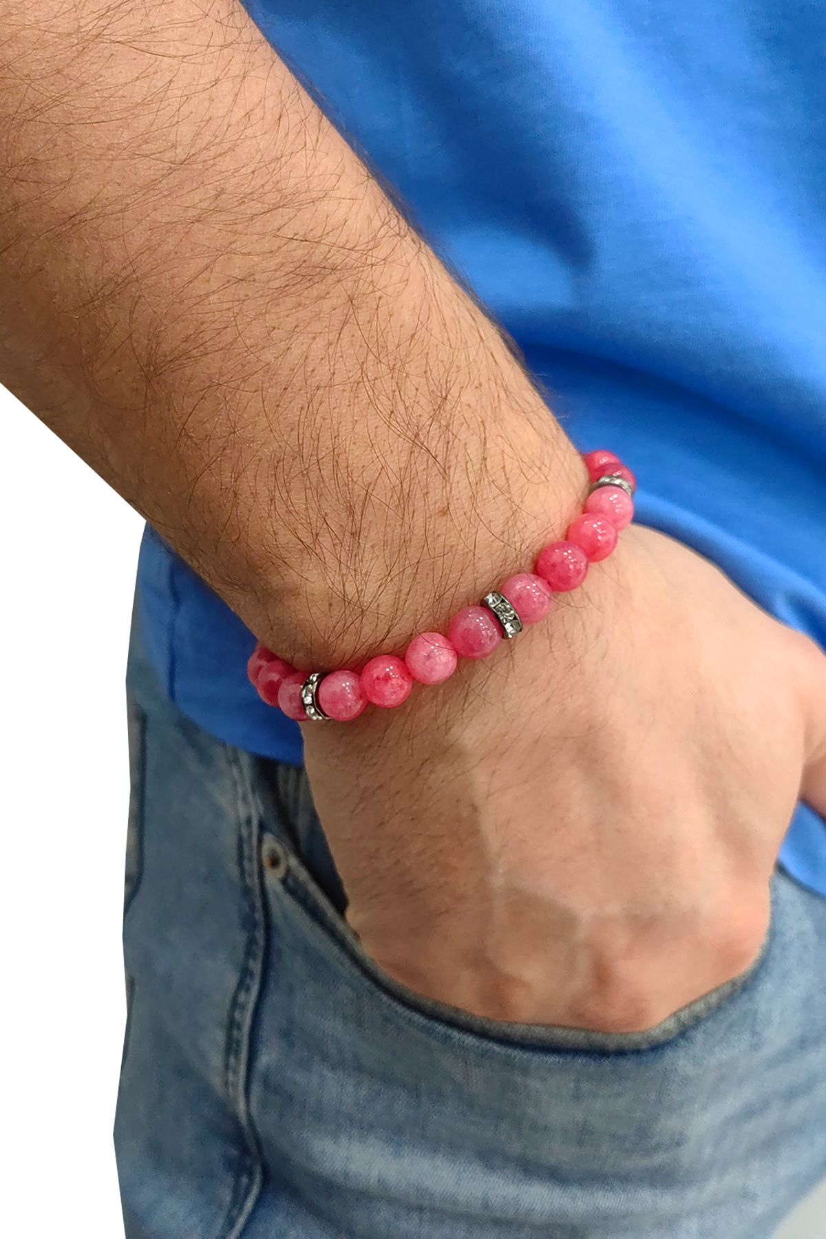 Lastikli Doğal Pembe Kuvars Taşlı Erkek Bileklik ey36