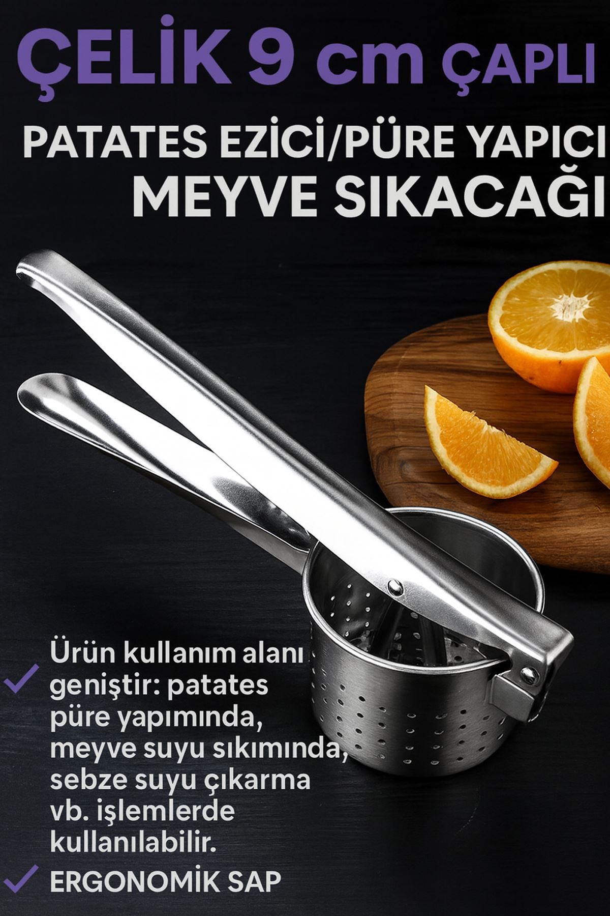 Çelik 9 cm çaplı Patates Ezici Püre Yapıcı Meyve Sıkacağı Pres mt210