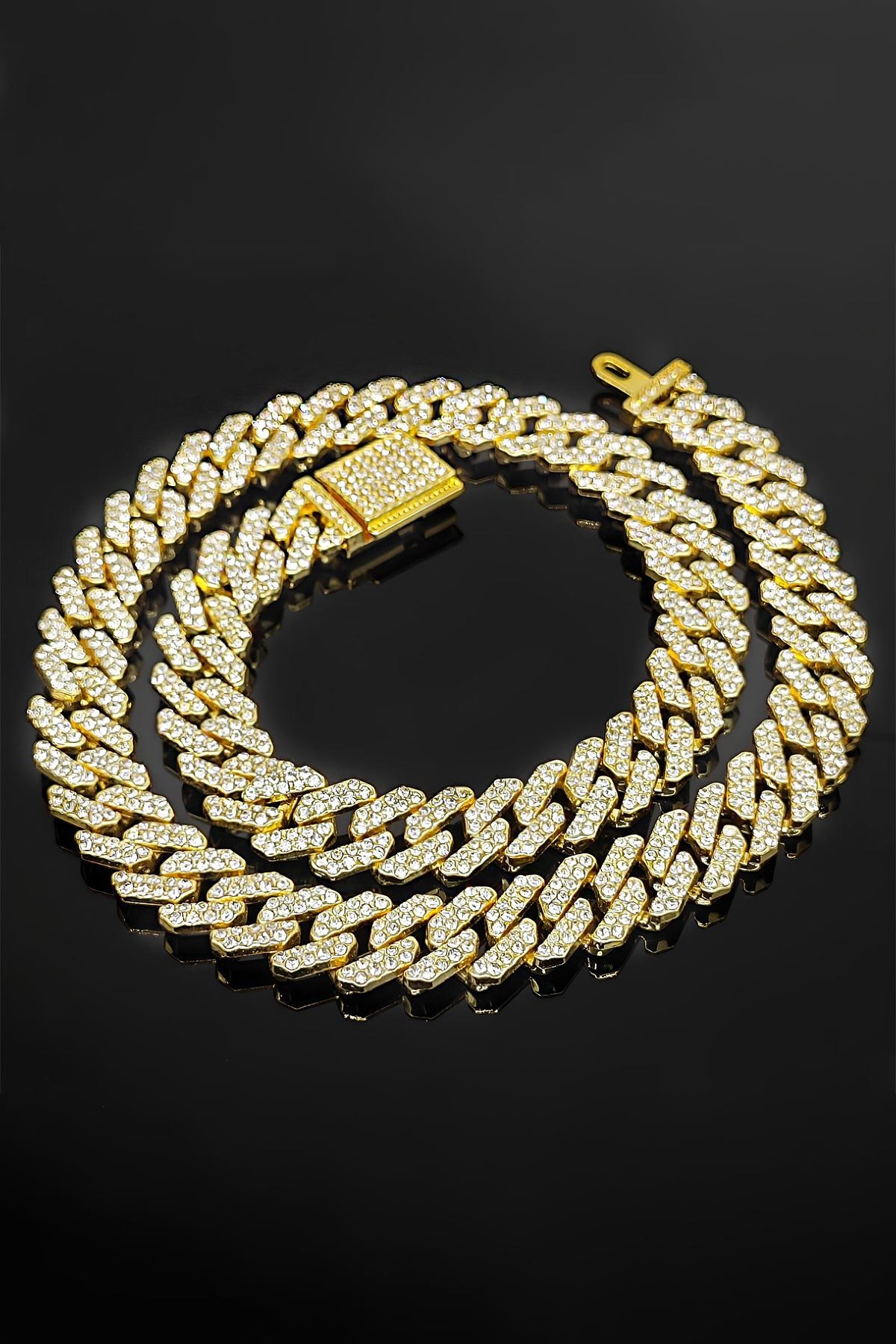 Chavin 12 mm. Gold Kalın 60 cm. Taşlı Alloy Erkek Zincir eu77sr