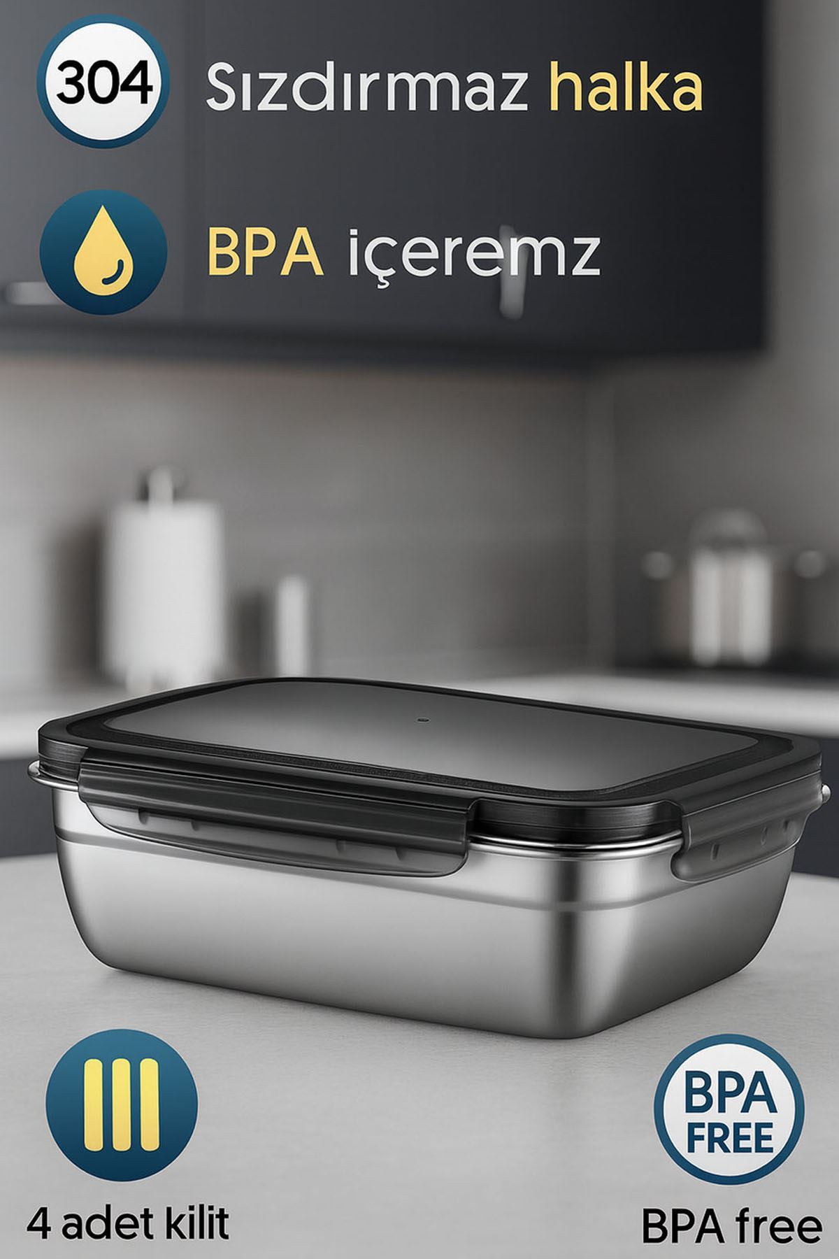 304 Çelik 1800 ml Yemek Meyve Et Buzdolabı Beslenme Saklama Kabı mt111-18
