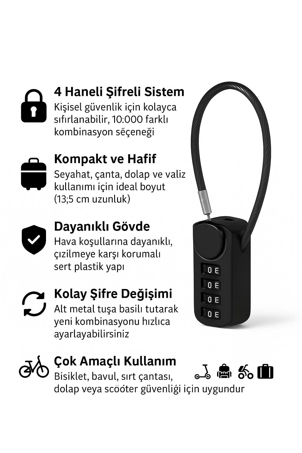 19 mm 4 Haneli Sıfırlanabilir 13,5 cm Dolap Bagaj Çanta Kilidi Asma Kilit cin967