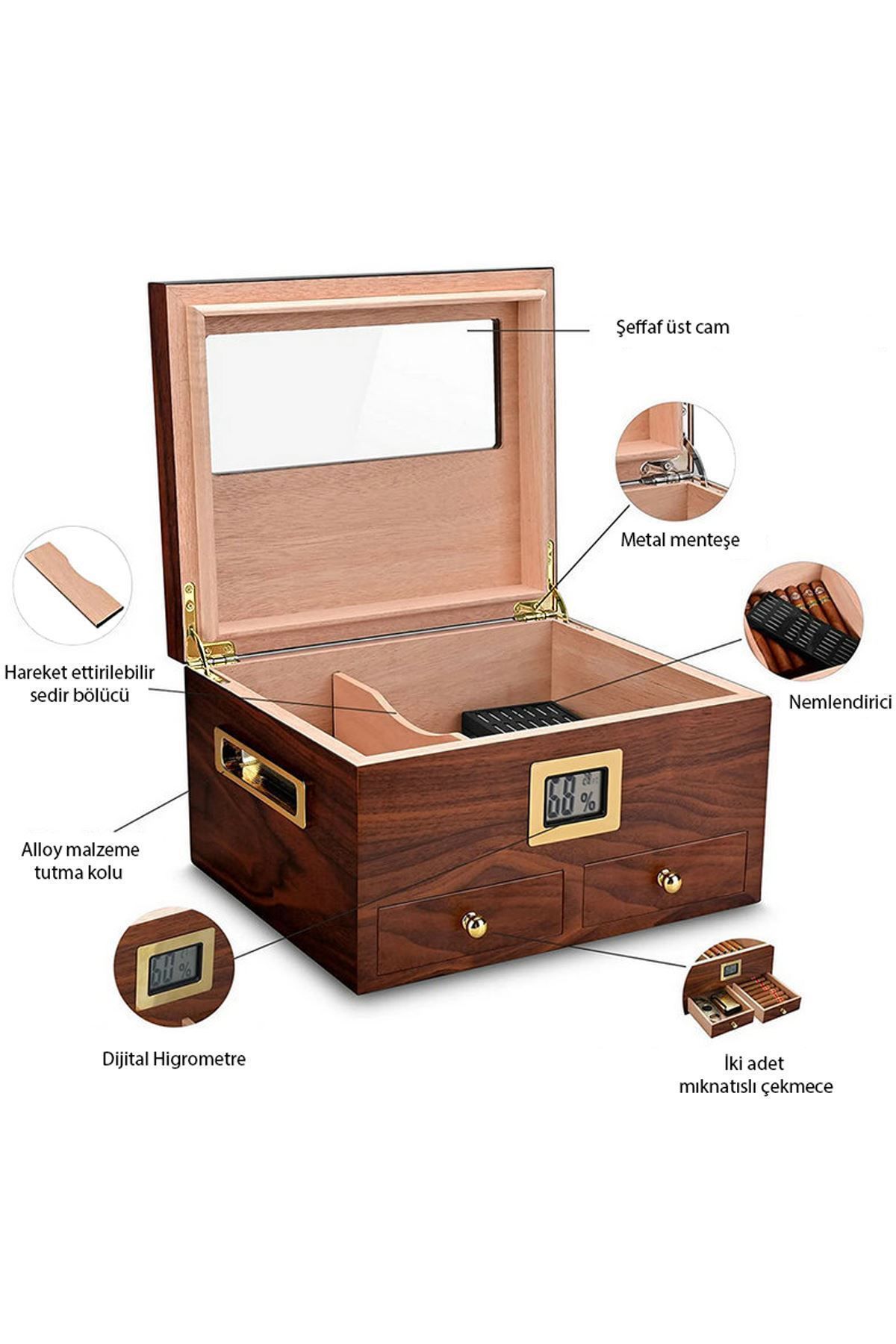 Sedir Ağacı Def olu  Camlı Çekmeceli Humidor Puro Kutusu rc56-d3