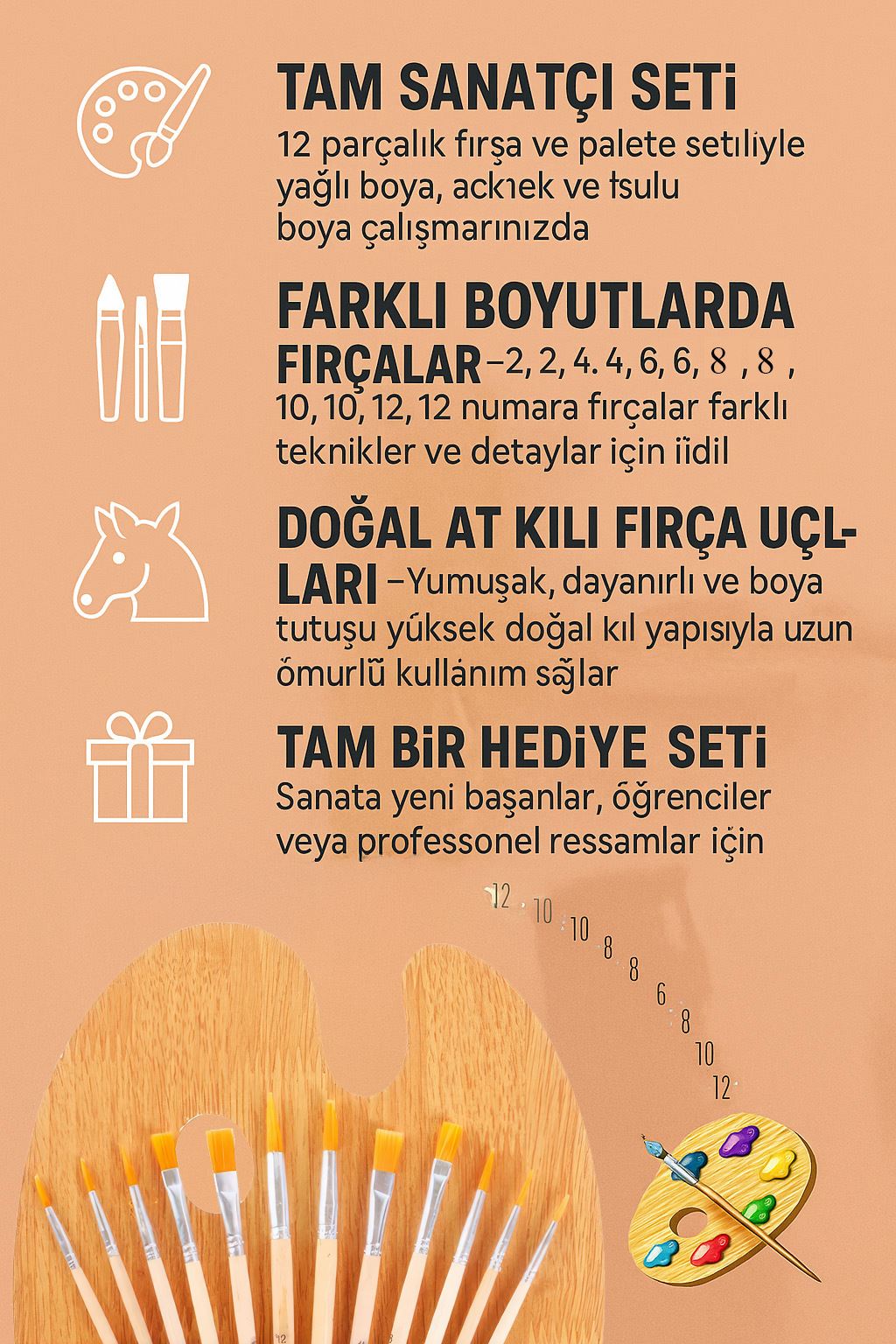 12 Adet At Kılı Yağlı Akrilik ve Suluboya Fırçası Takımı Boya Paleti Seti cin551