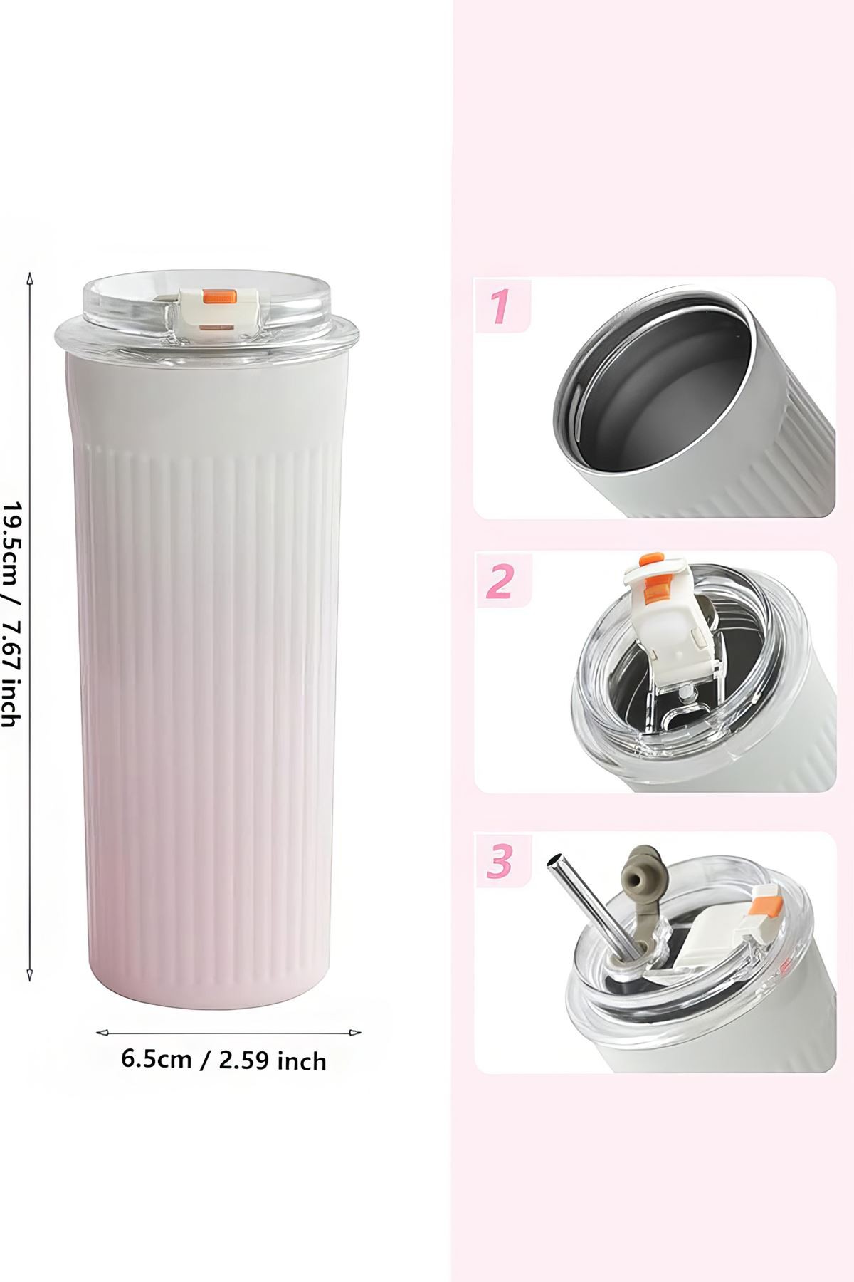 304 L Çelik 500 ml. Pembe Beyaz Degrade Pipetli El Termos Mug cin913pm