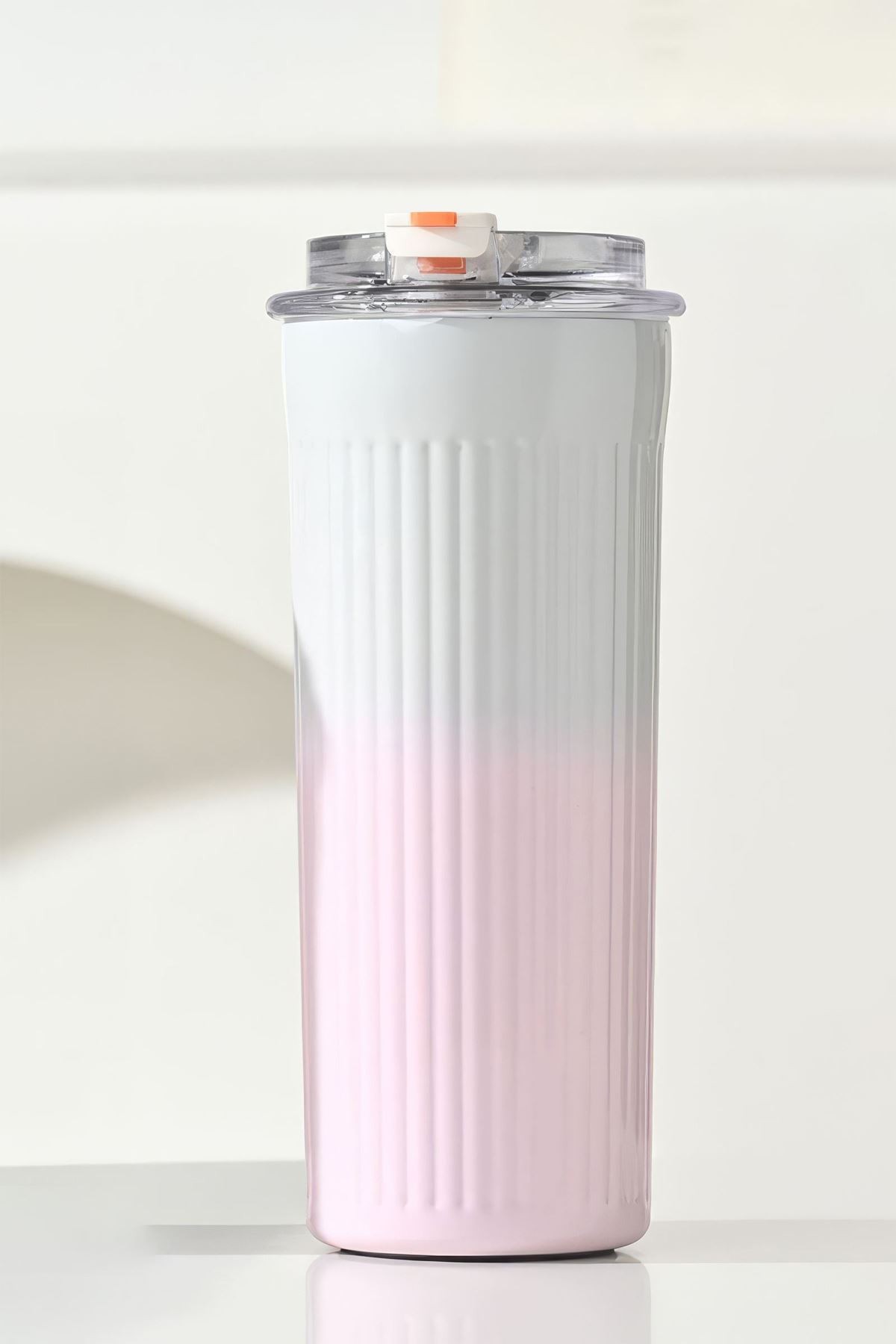304 L Çelik 500 ml. Pembe Beyaz Degrade Pipetli El Termos Mug cin913pm