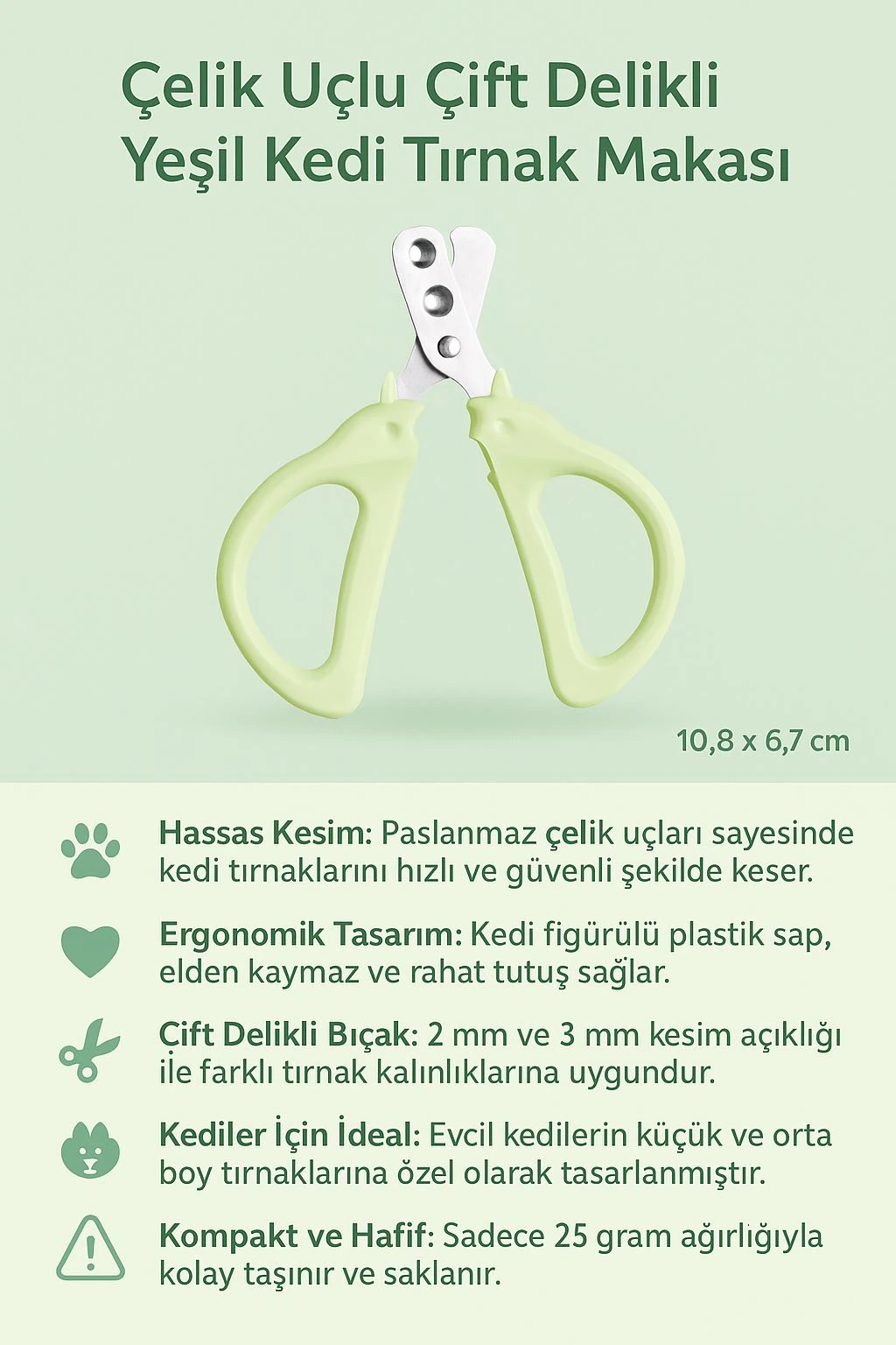 Çelik Uçlu Çift Delikli Yeşil Kedi Tırnak Makası cin821ys