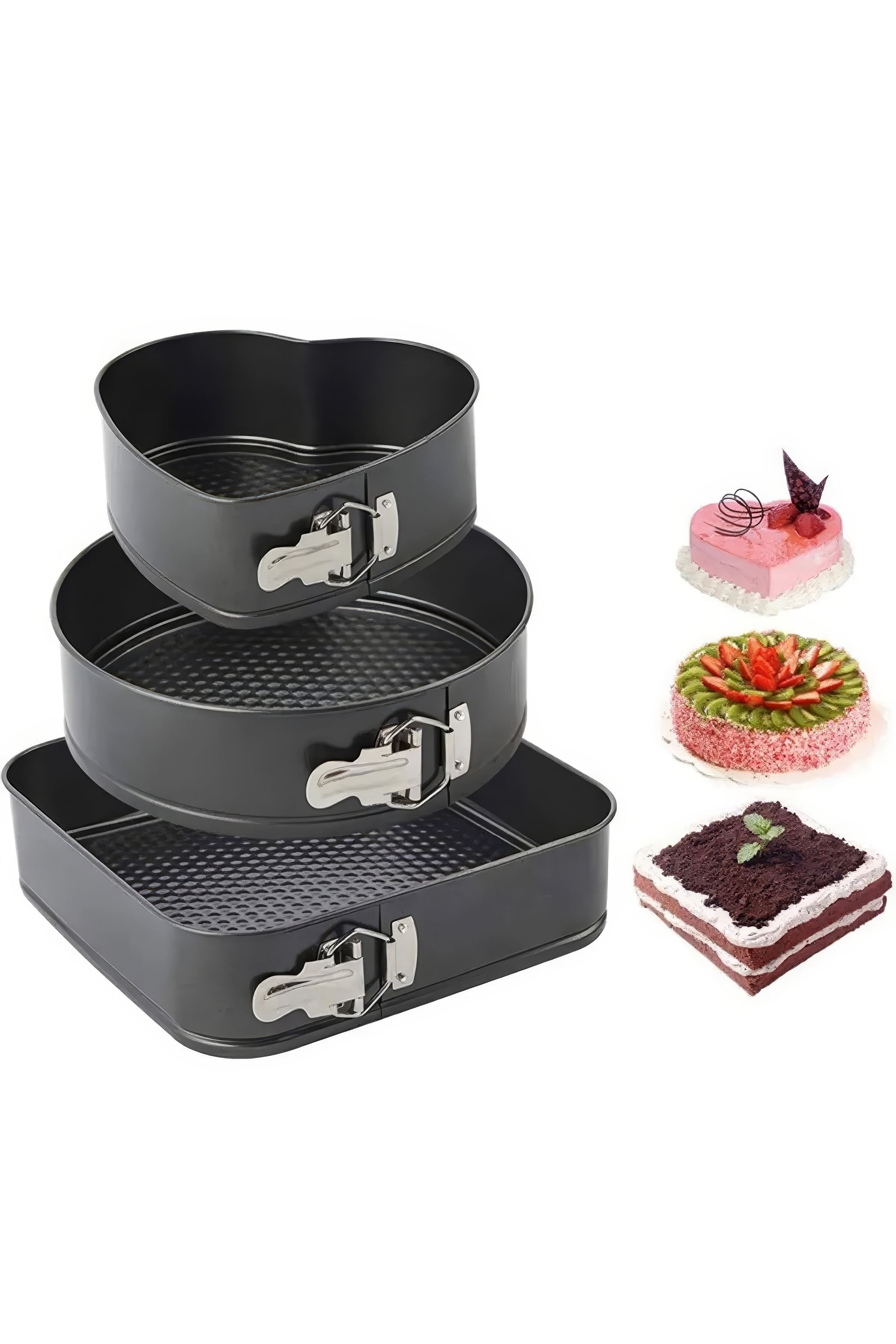 Karbon Çelik 3 Parça 22-24-26cm Kalp Yuvarlak Kare Kelepçeli Kek Kalıbı cin798sy