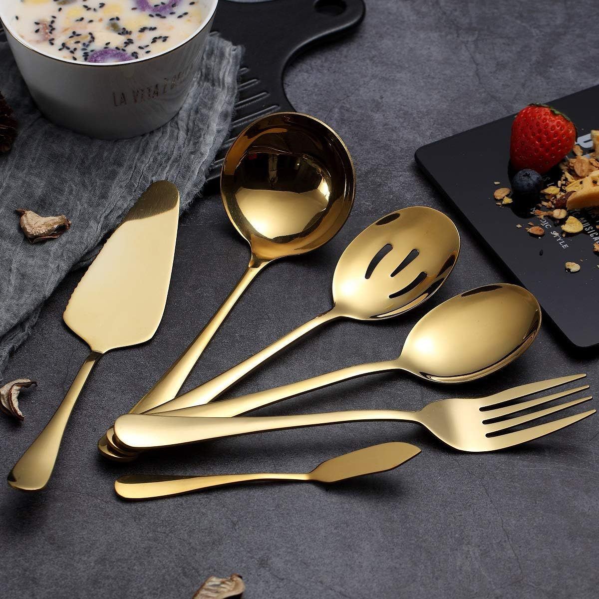 6 Parça Gold Sunum için Servis Kaşığı Kaşık Çatal Ispatula Reçel Seti cin613sr
