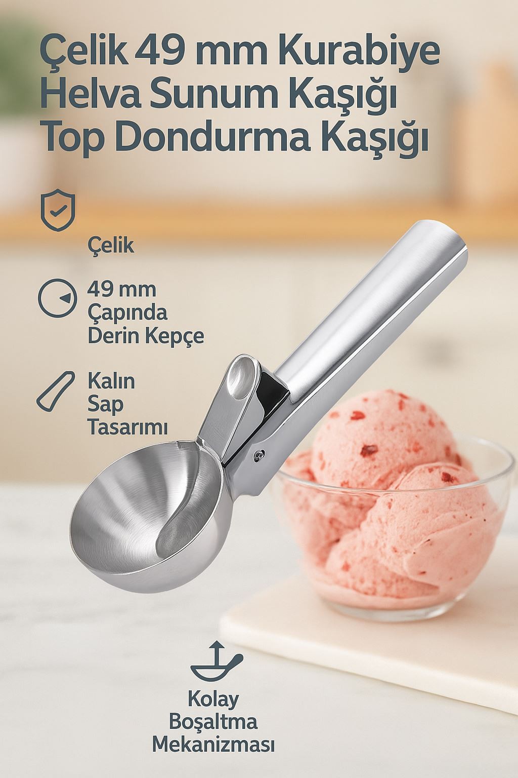 Paslanmaz Çelik 49 mm. Kurabiye Helva Sunum Kaşığı Top Dondurma Kaşığı cin509