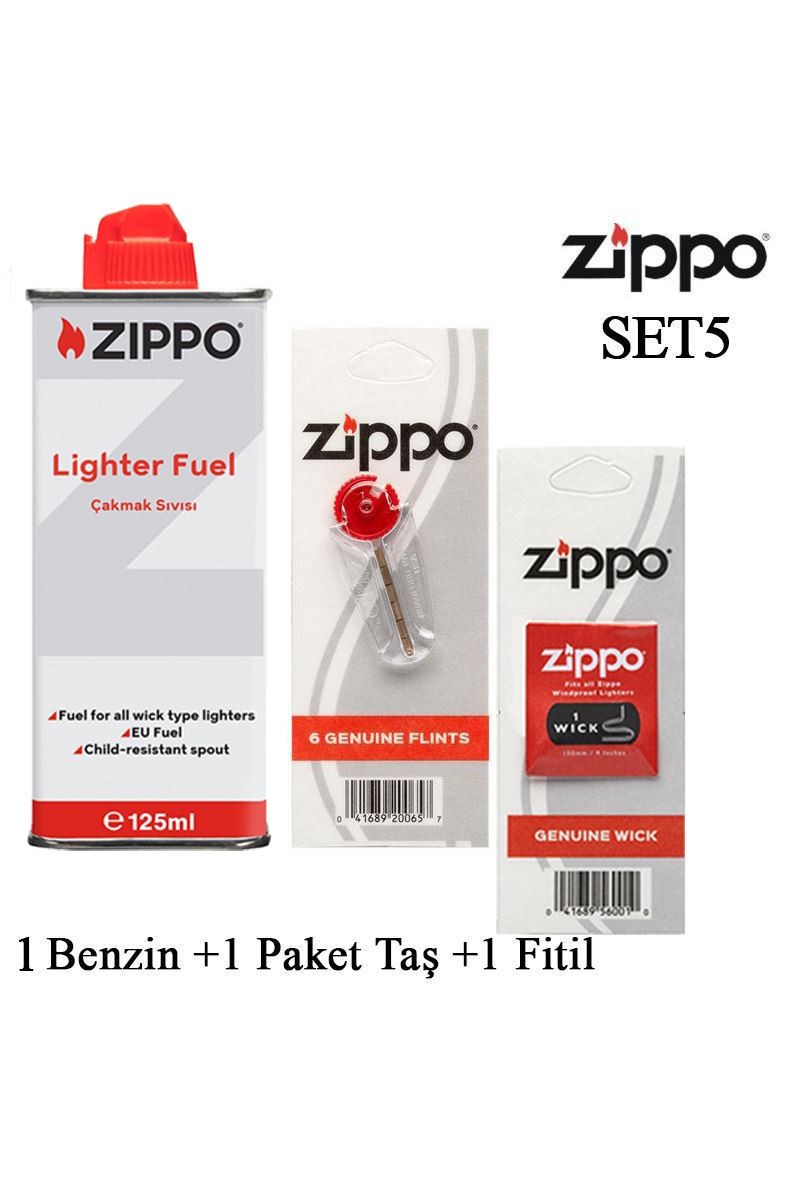 Zippo Çakmak ikmal Seti 1 Bidon Benzin 1 Fitil 1 Paket Taş Set5