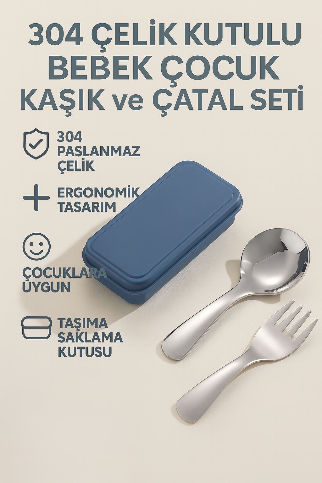 304 Paslanmaz Çelik Kutulu Bebek Çocuk Kaşık ve Çatal Set cin943mv