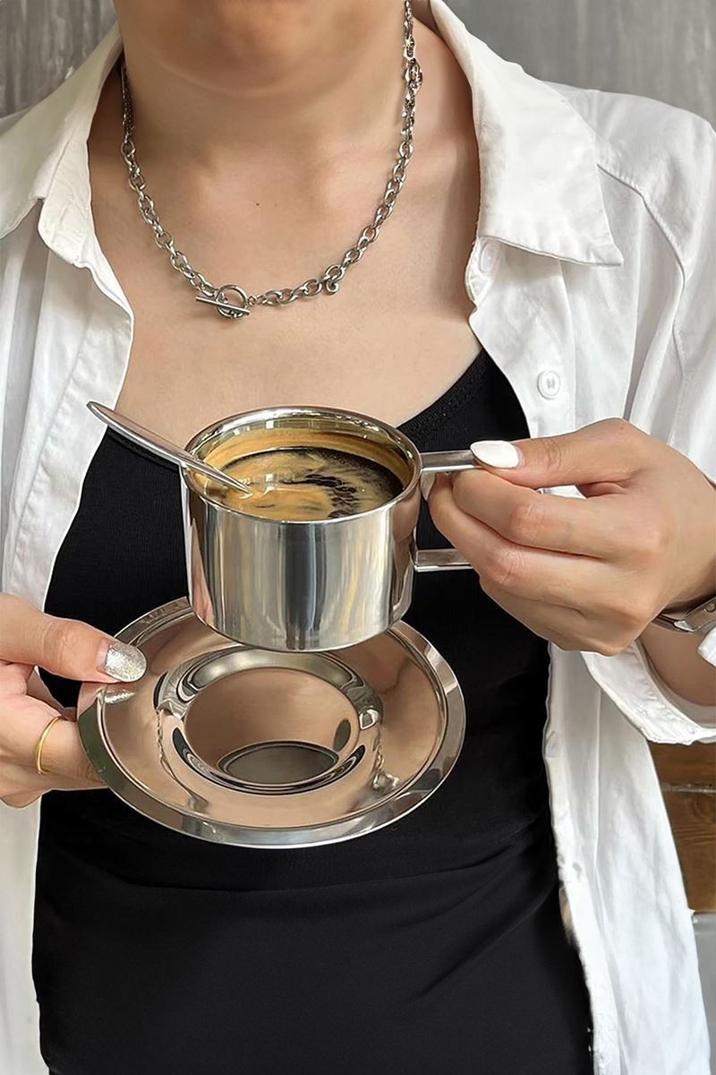 Çelik 3 Parça 200 ml Çift Cidarlı Espresso Kahve Fincan Seti Sunum Bardağı mt119