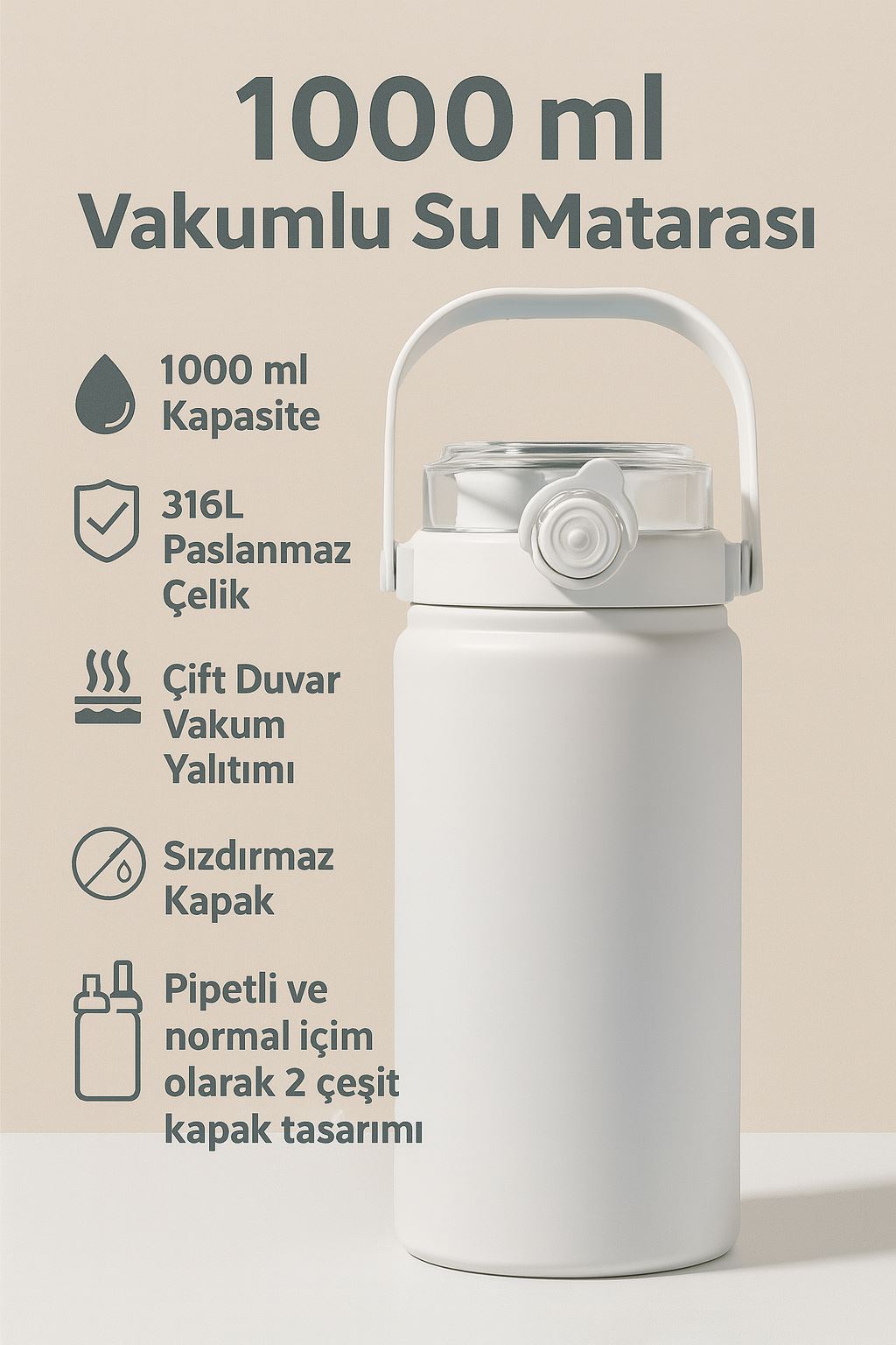 316 L Çelik 1 L Vakumlu Soğuk Pipetli Matara Suluk cin413by
