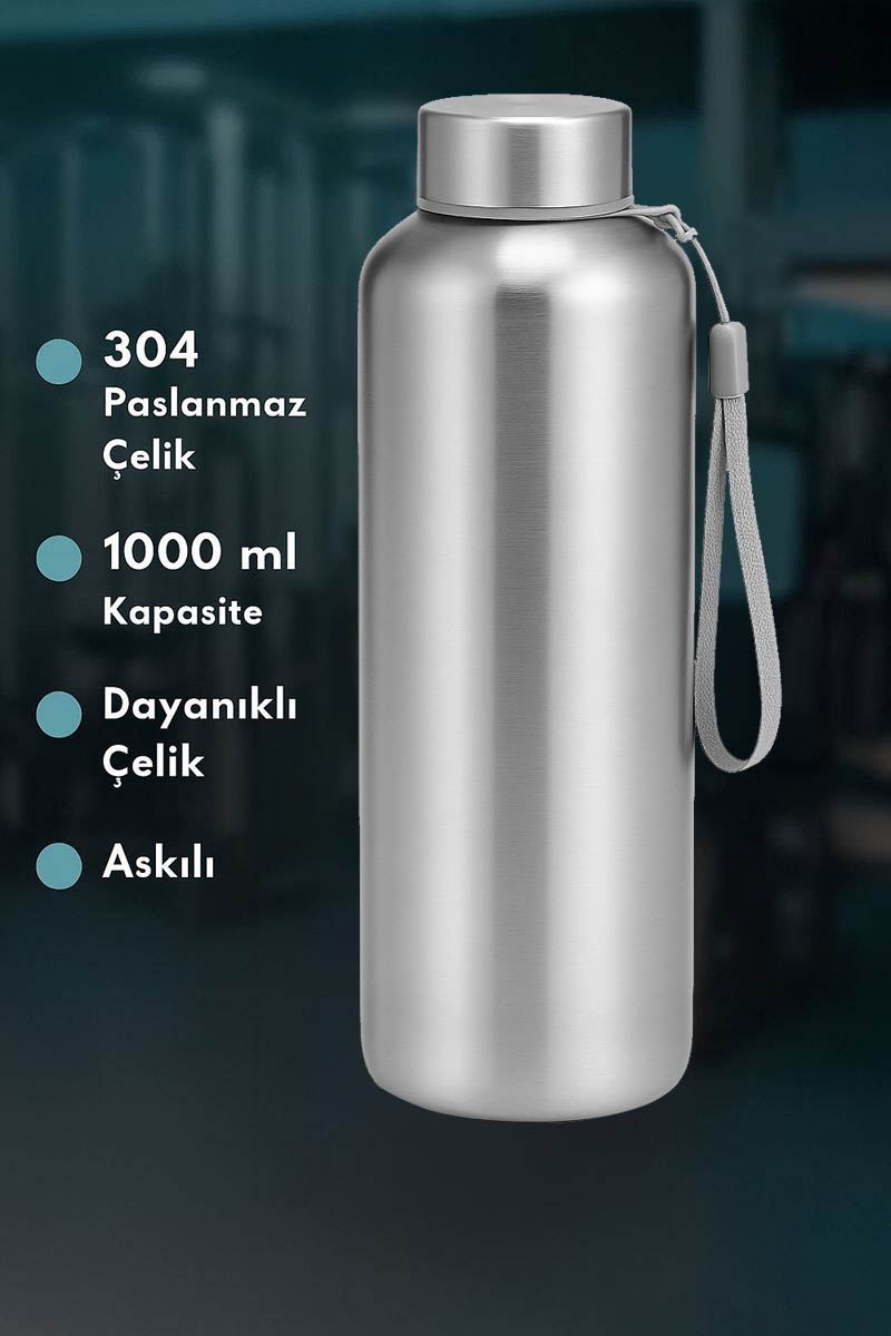 304 Çelik Gri Askılı 1000 ml Sporcu Suluğu Matara Suluk mt146