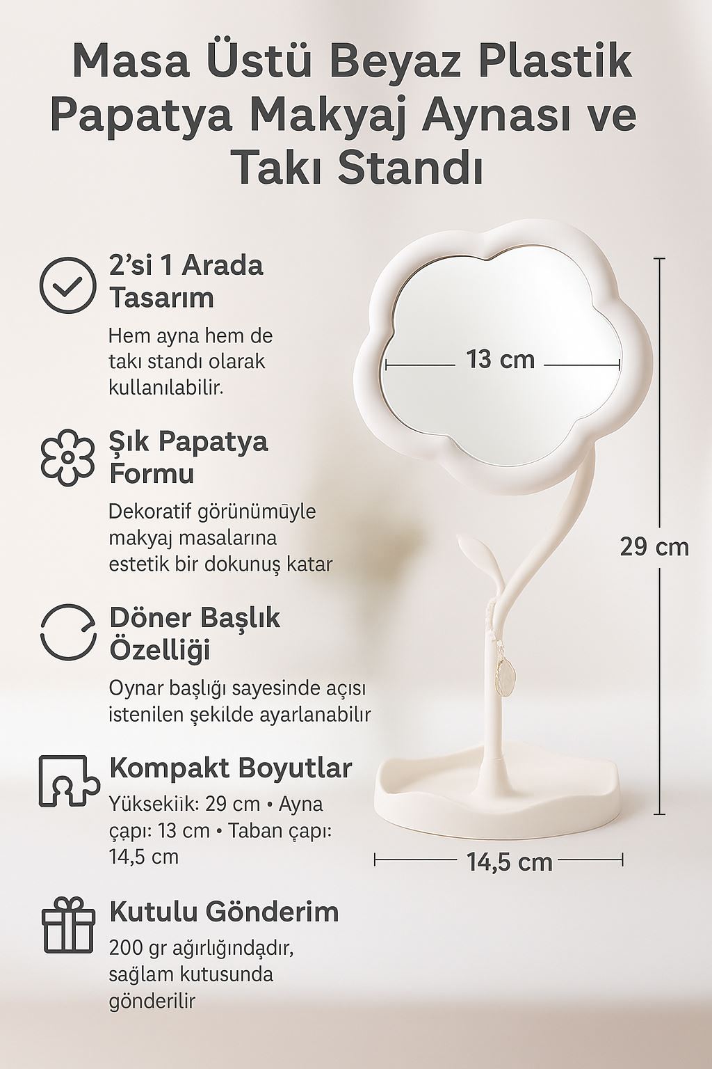 Masa üstü Krem Rengi Ay Çiçeği Tasarım Plastik Takı Stand Masa Aynası cin889by