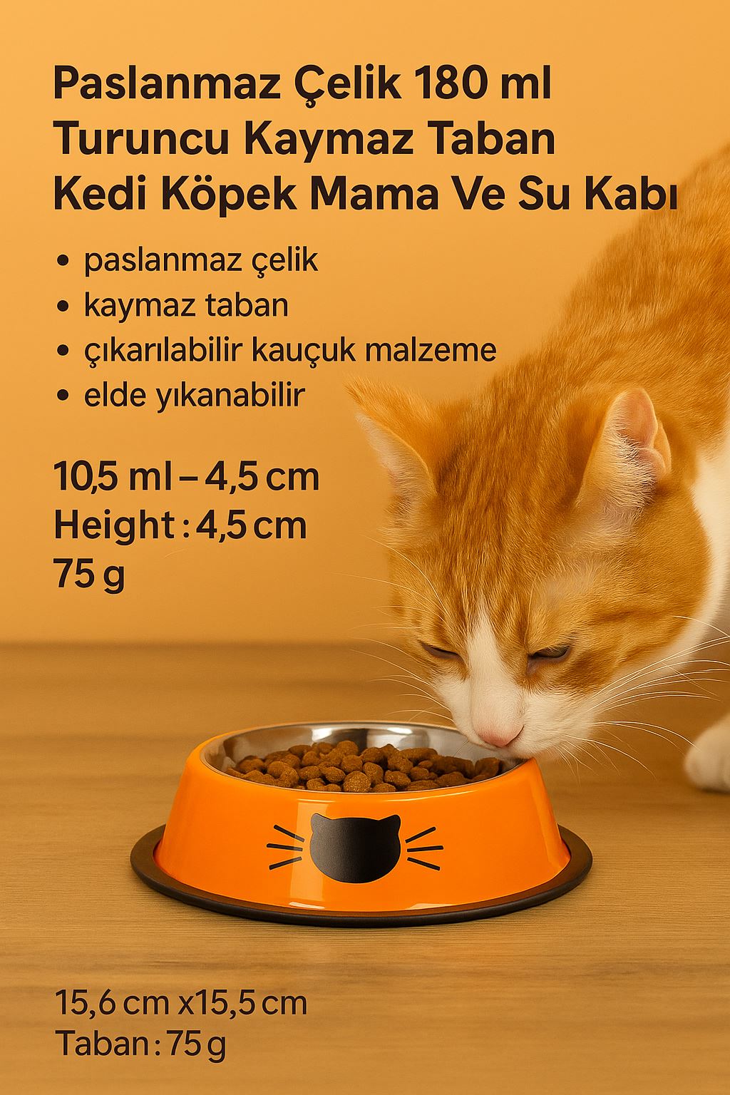 Paslanmaz Çelik 180 ml Turuncu Kaymaz Taban Kedi Köpek Mama Ve Su Kabı cin570tr