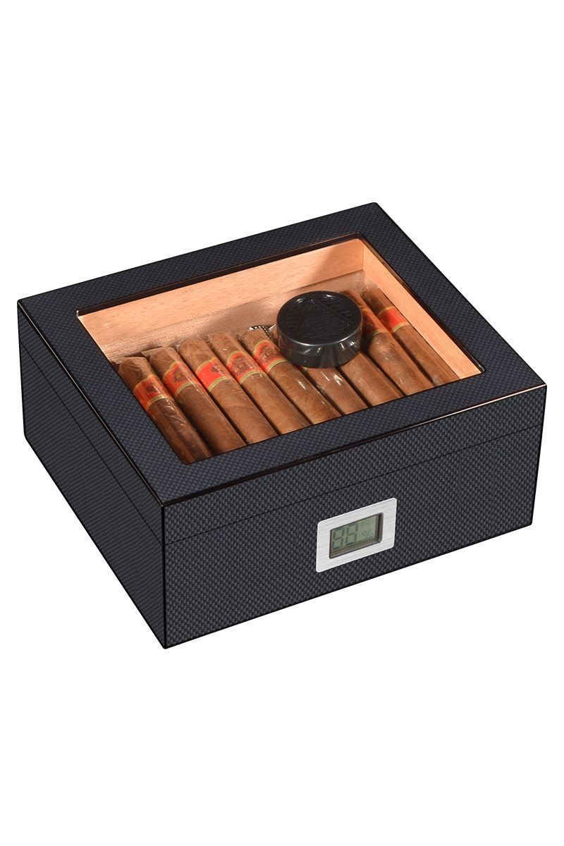 Cigarol Karbon Fiber Camlı Dijital Humidor Puro Kutusu rd06