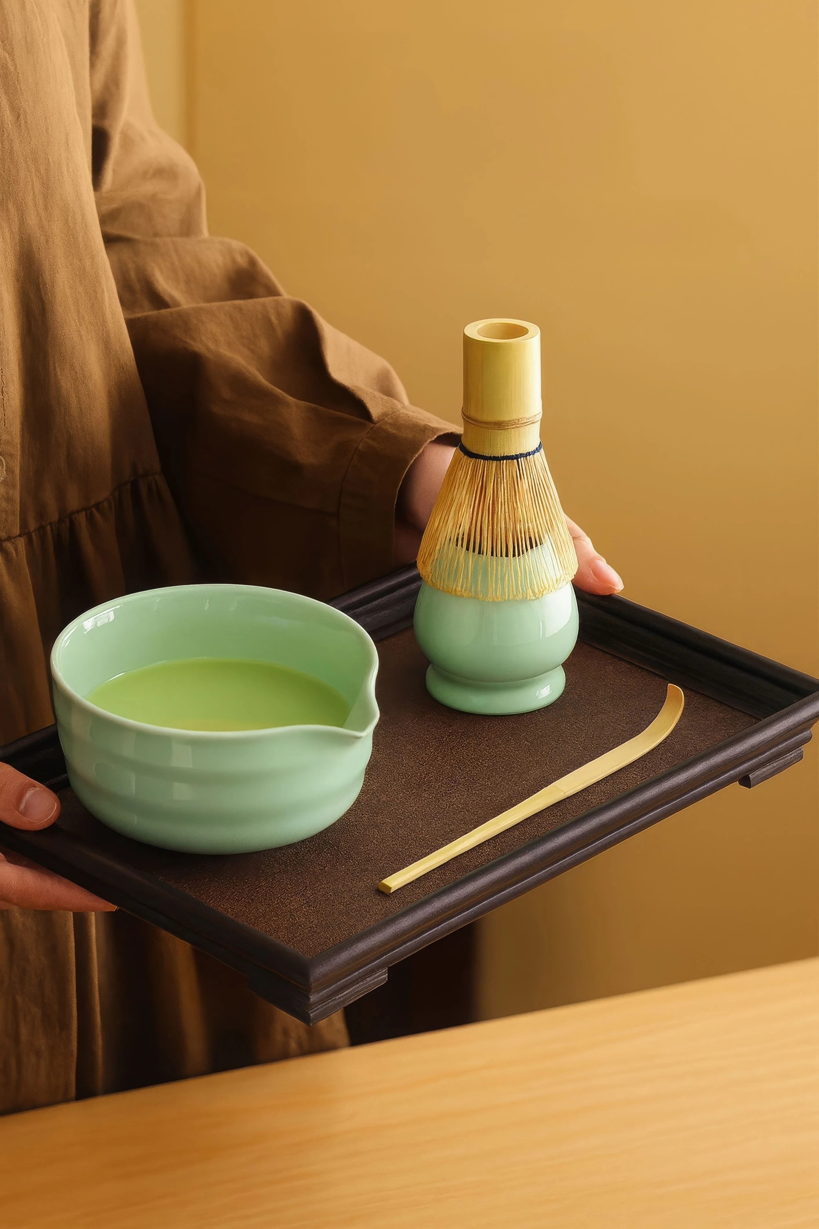 4lü Matcha Set Kase Kaşık Whisk Tutucu Bambu Whisk Çırpıcı ve Bambu Kaşık mt217