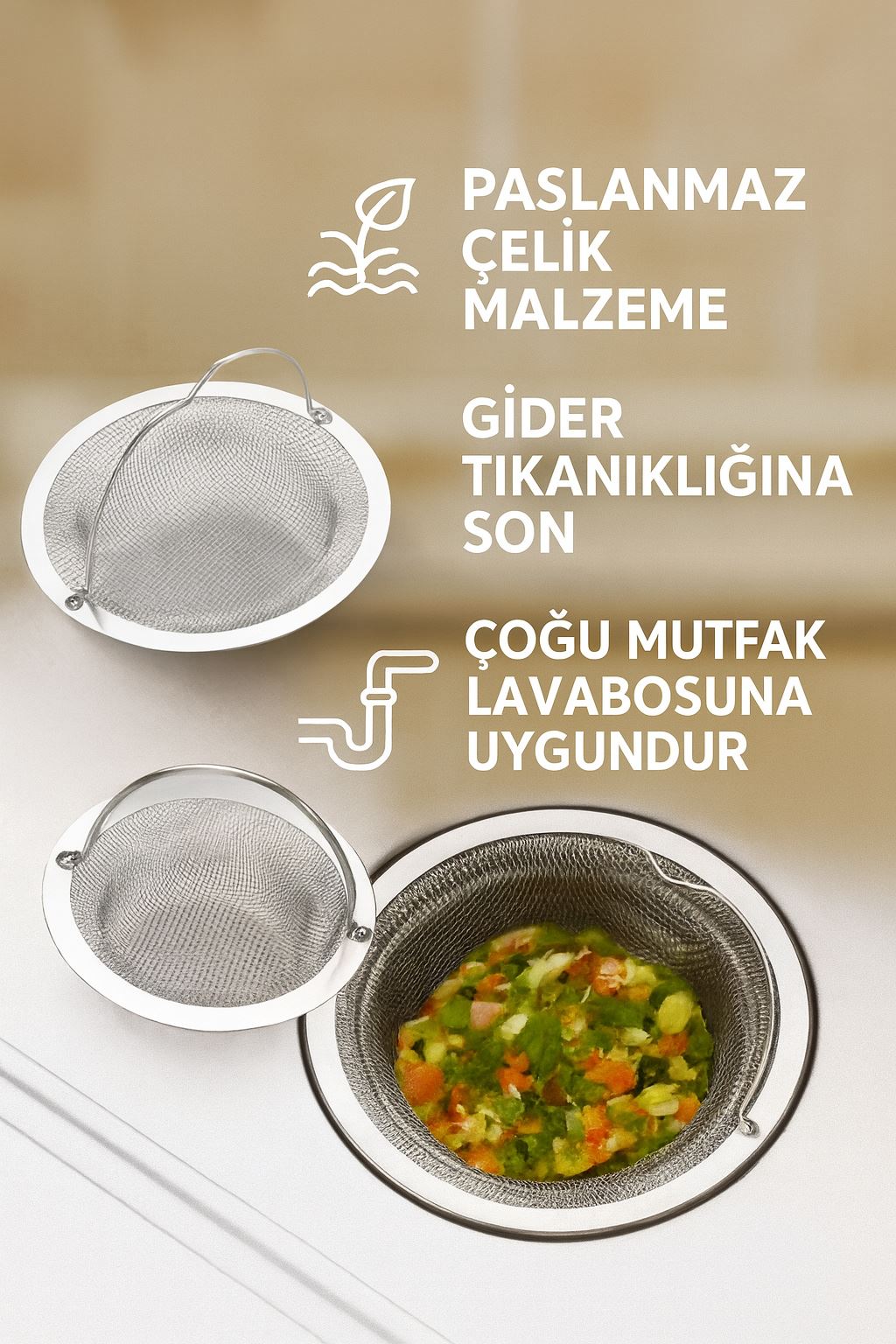 Çelik Mutfak Lavabo Atık Yemek Süzgeci 11 cm çap Gider Tıpası mt203