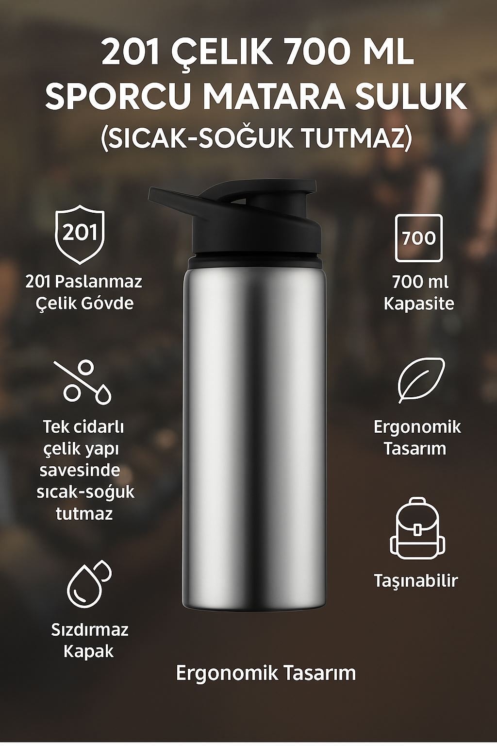 Çelik Siyah Kapak 700 ml Sporcu Matara Suluk (SICAK-SOĞUK TUTMAZ) cin427