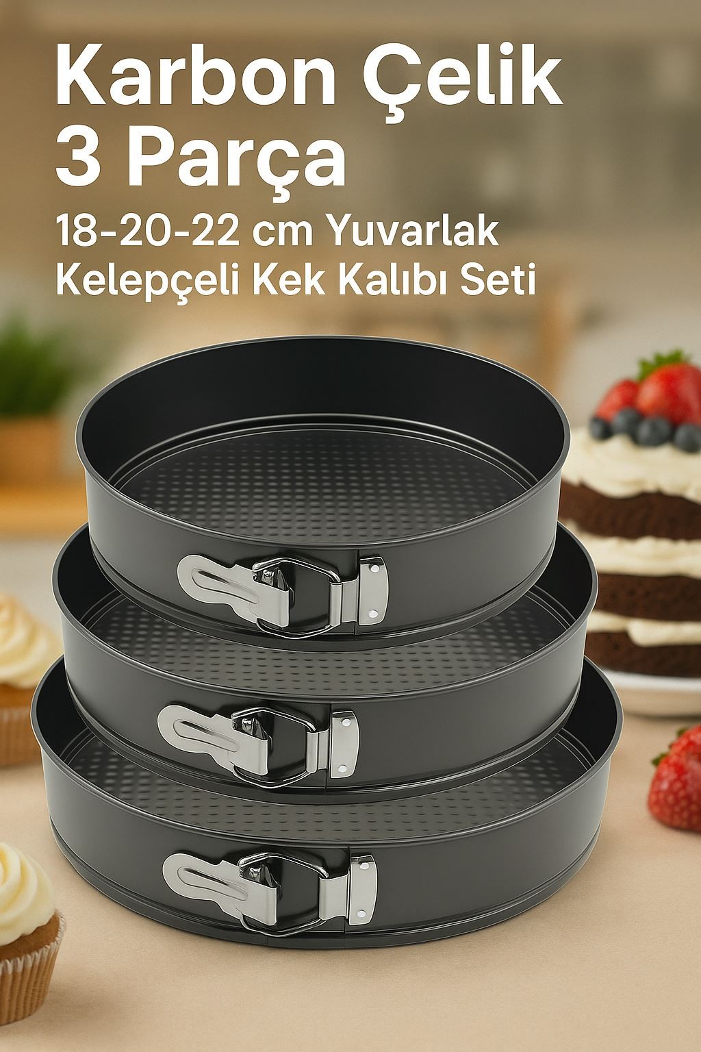 Karbon Çelik 3 Parça 18-20-22 cm Yuvarlak Kelepçeli Kek Kalıbı Seti cin999sy