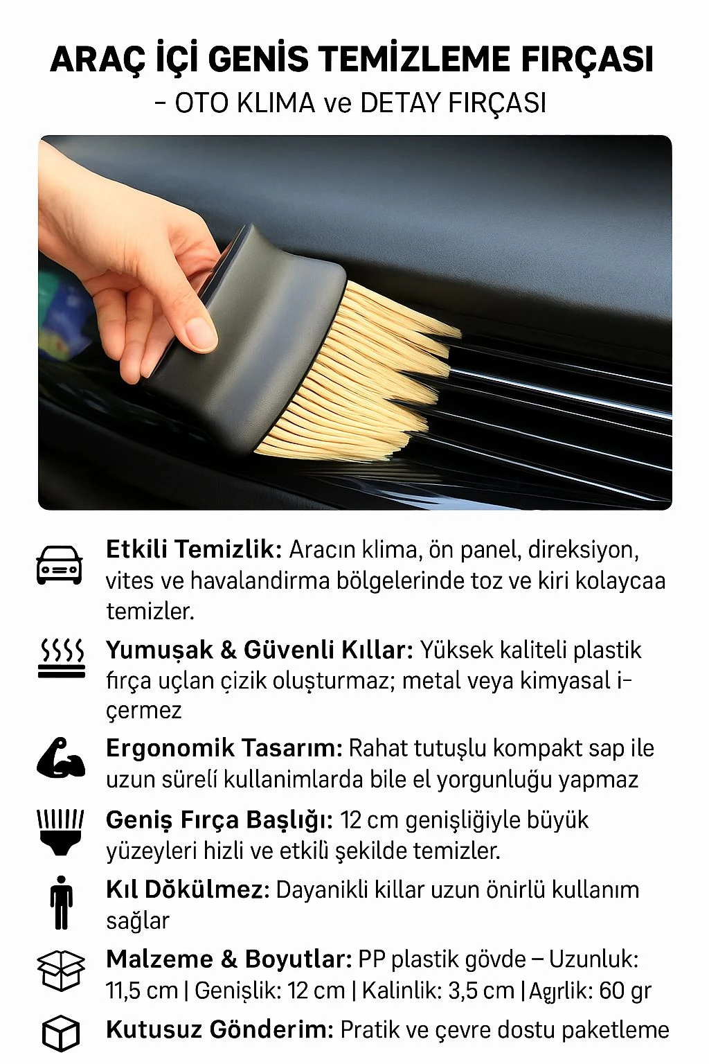 Araç İçi Geniş Temizleme Fırçası Oto Klima Detay Temizlik Fırça cin694by