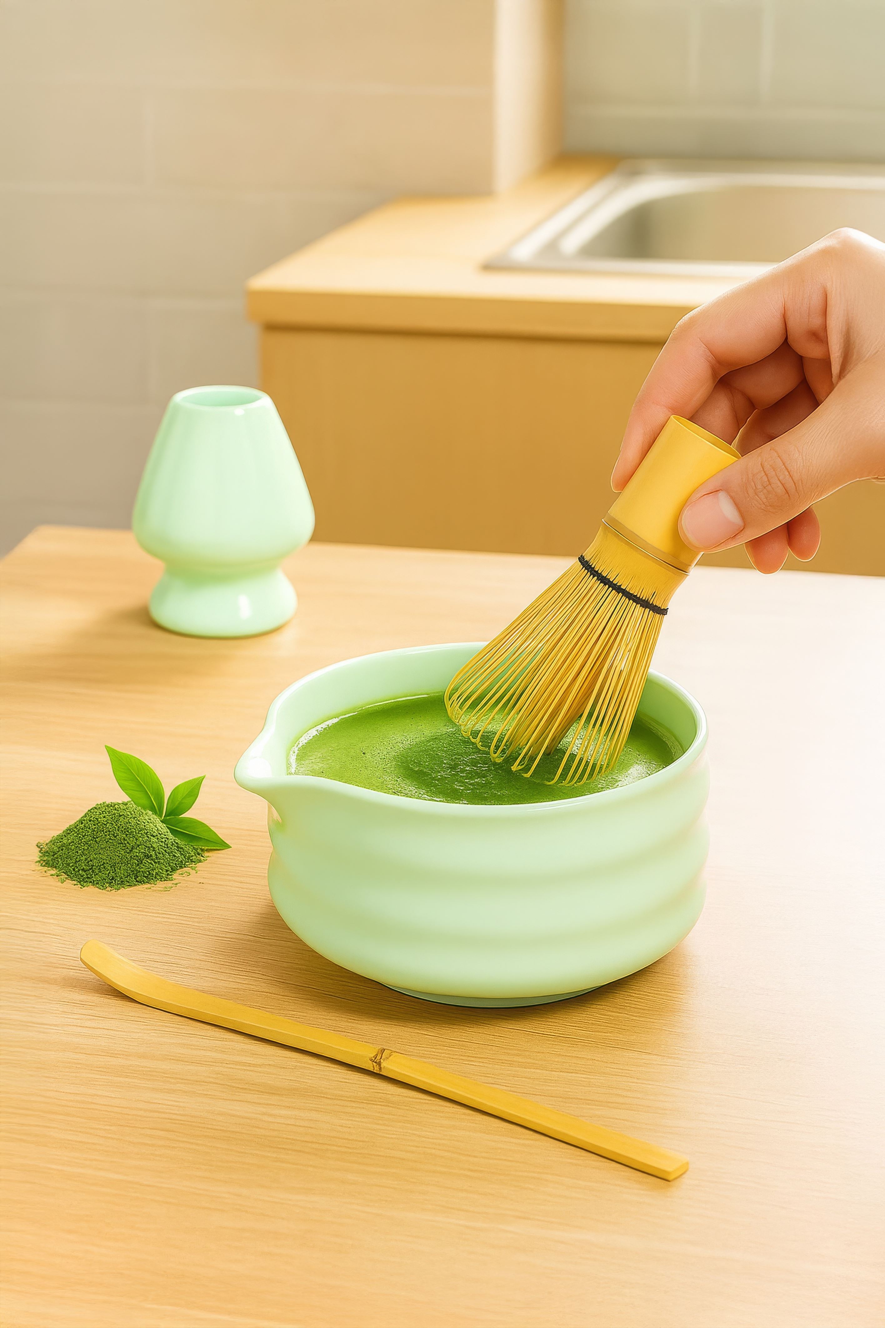 4lü Matcha Set Kase Kaşık Whisk Tutucu Bambu Whisk Çırpıcı ve Bambu Kaşık mt217