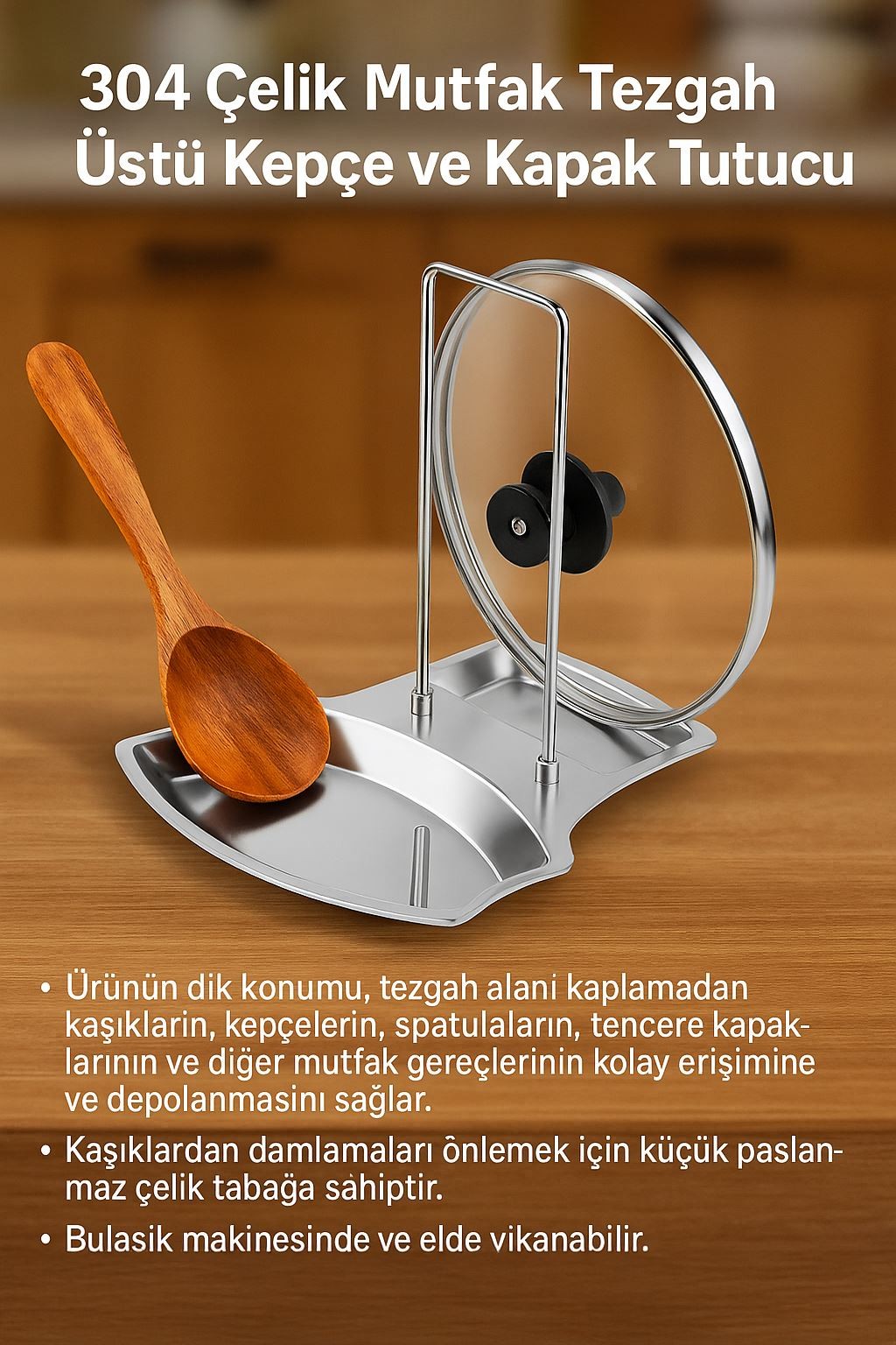 304 Çelik Mutfak Tezgah Üstü Kepçe ve Tencere Kapak Tutucu Kaşıklık mt204