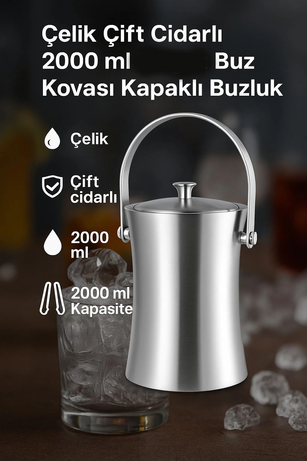Çelik Çift Cidarlı 2 lt Maşalı Buz Kovası Kapaklı Buzluk cin422