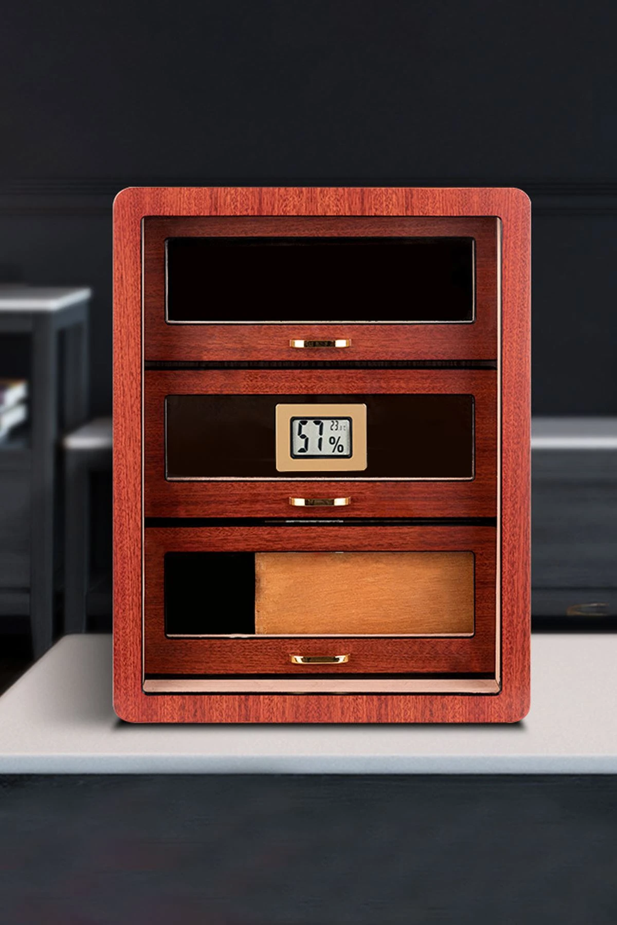 Falconetti Çekmeceli 3 Katlı Açık Kahverengi Sedir Humidor Puro Kutusu rc78akhv 