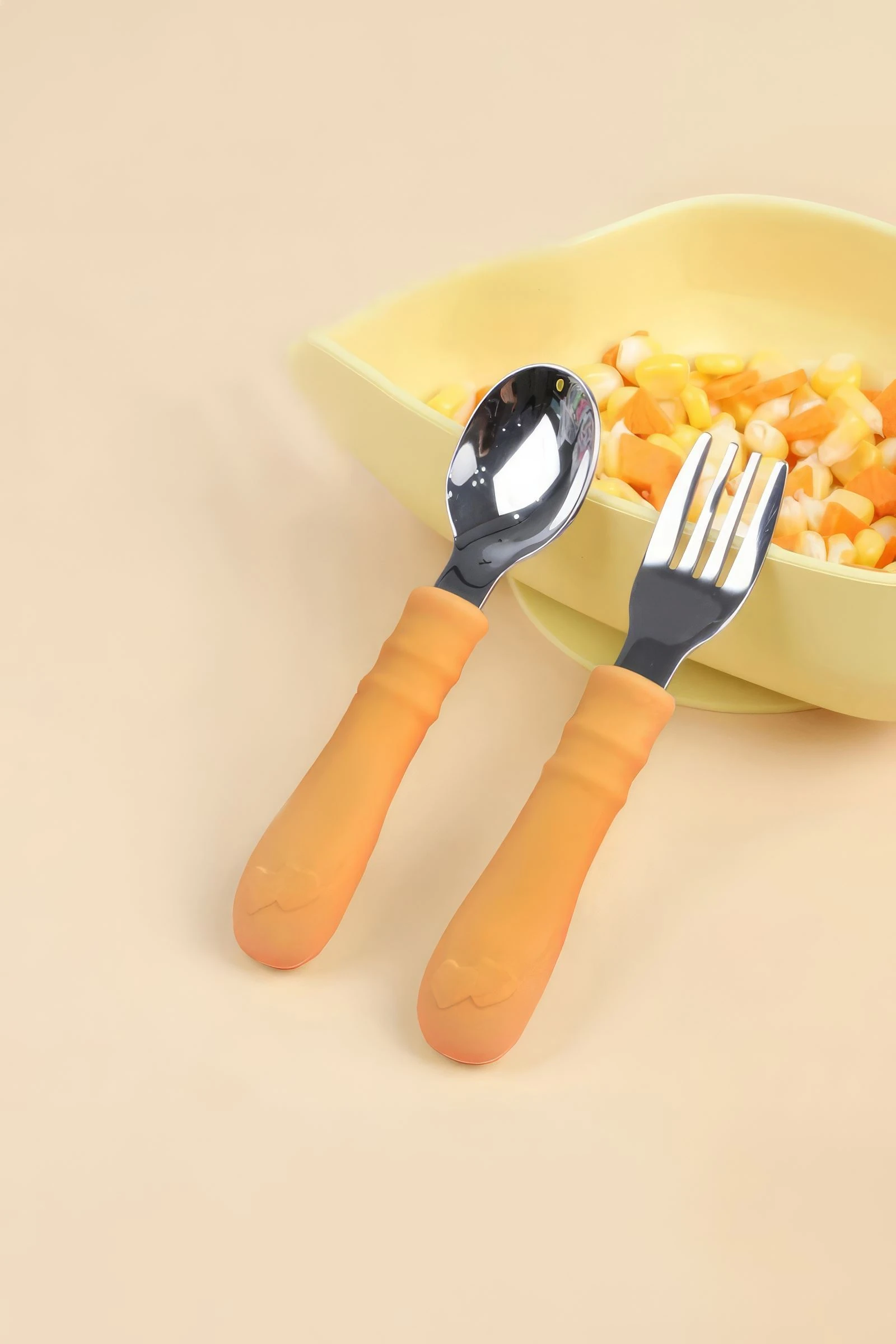 304 Paslanmaz Çelik Turuncu Bebek Kaşık ve Çatal Set cin930tr