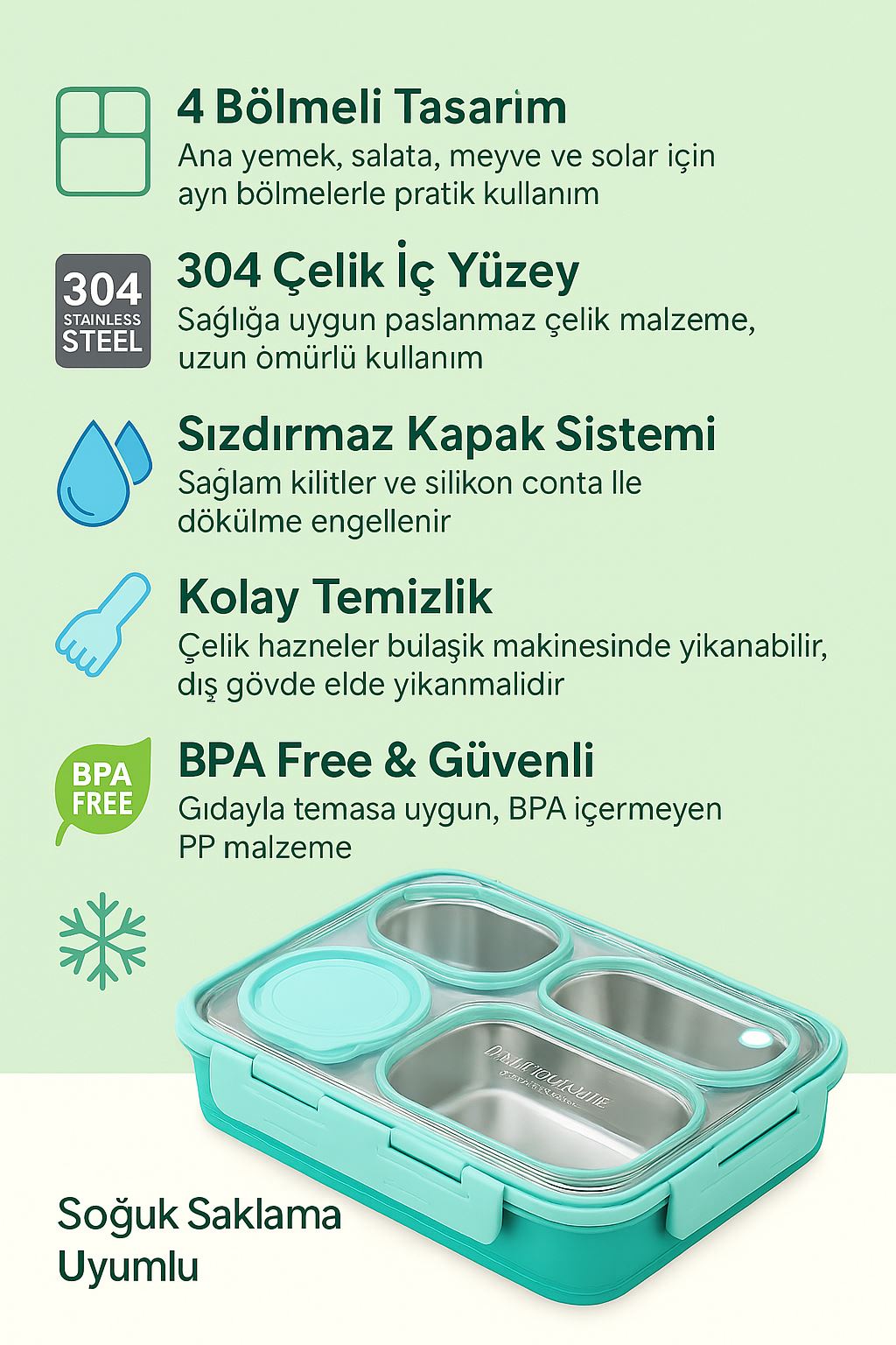 304 Çelik Yeşil 950 ml 4 Bölmeli Öğrenci Ofis Yemek Mama Kabı Sefertası cin864ys