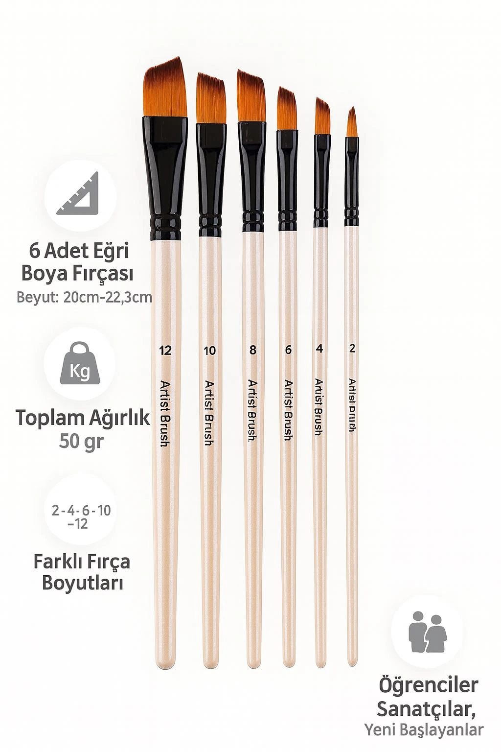 6 Adet Eğri Yağlı Akrilik ve Suluboya Fırçası Takımı  Naylon Fırça Seti cin687