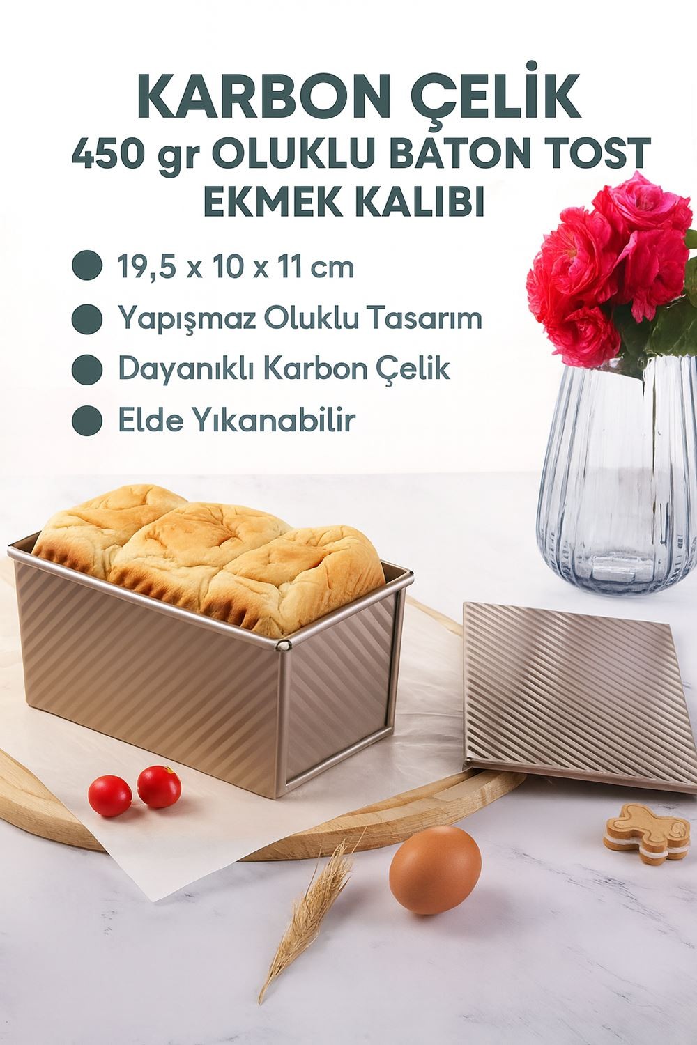 Karbon Çelik 450 gr Oluklu Baton Tost Ekmek Kalıbı (19,5x10x11 cm) cin804rs