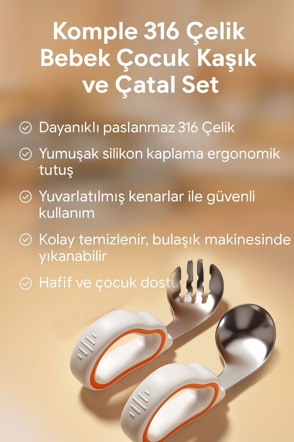 Komple 316 Paslanmaz Çelik Bebek Çocuk Kaşık ve Çatal Set cin767tr