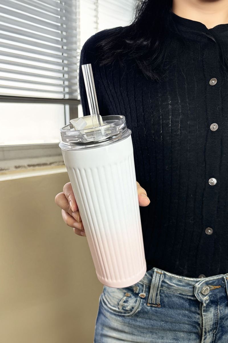 304 L Çelik 500 ml. Pembe Beyaz Degrade Pipetli El Termos Mug cin913pm