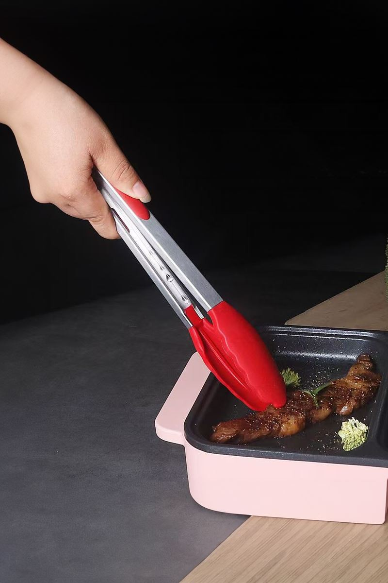 Çelik Silikon Maşa 33 cm Kırmızı Mutfak Biftek Barbekü Salata Ekmek Maşası mt145