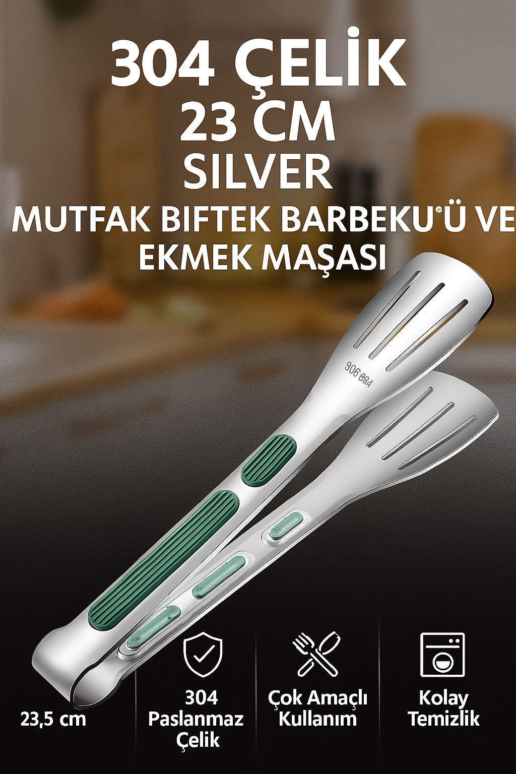 304 Çelik 23 cm Silver Mutfak Biftek Barbekü Ve Ekmek Maşası cin627