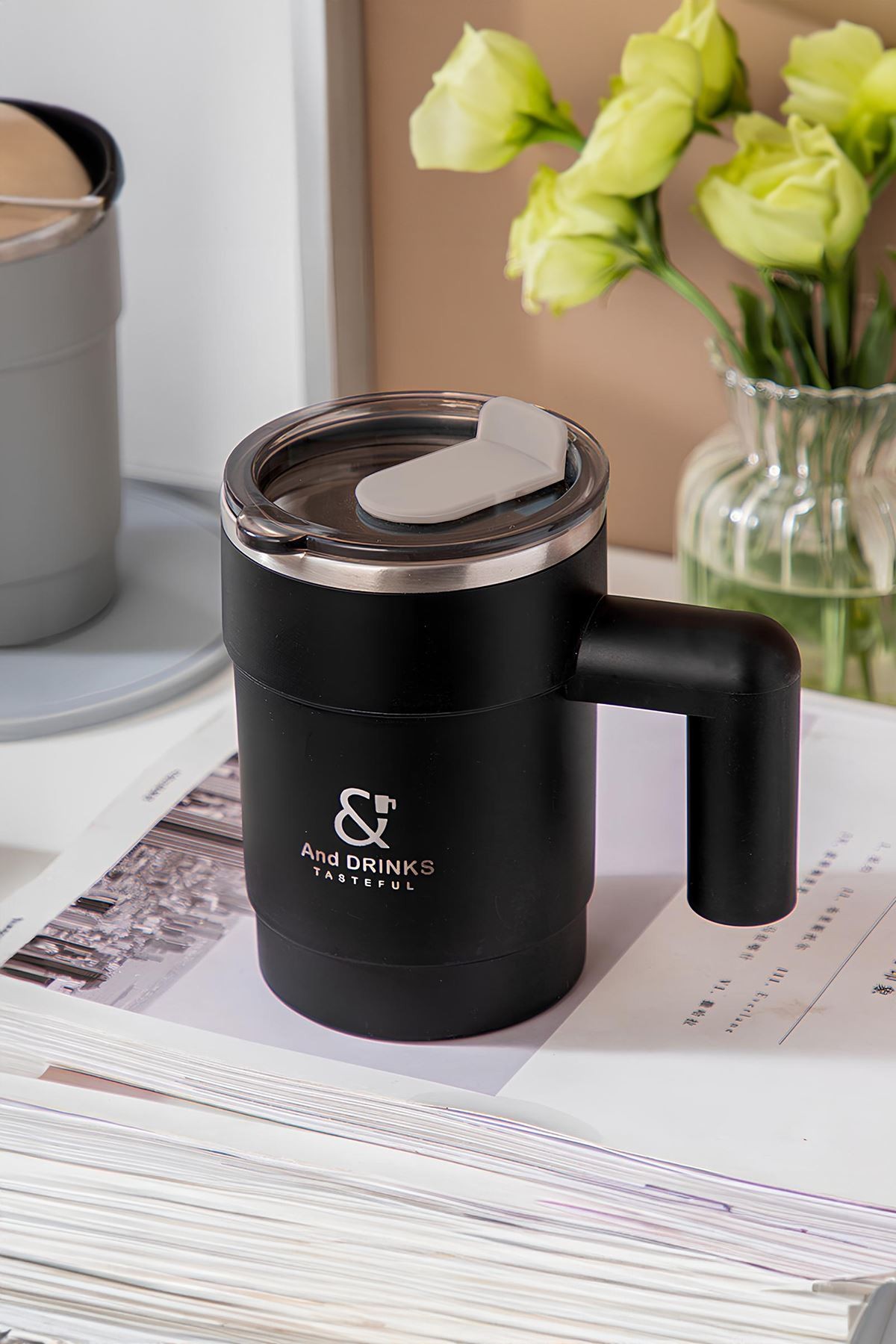 304 L Çelik Siyah 450 ml Kahve El Termos Kupa Mug cin559sy