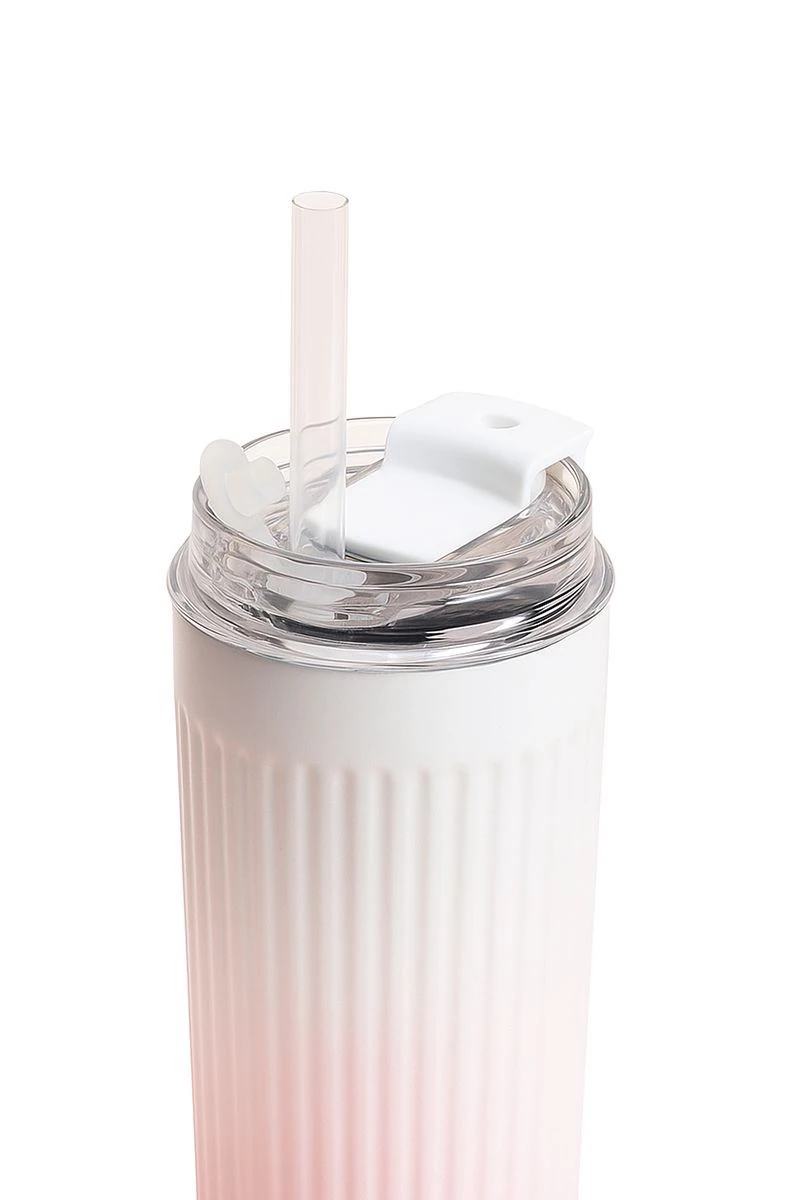 304 L Çelik 500 ml. Pembe Beyaz Degrade Pipetli El Termos Mug cin913pm